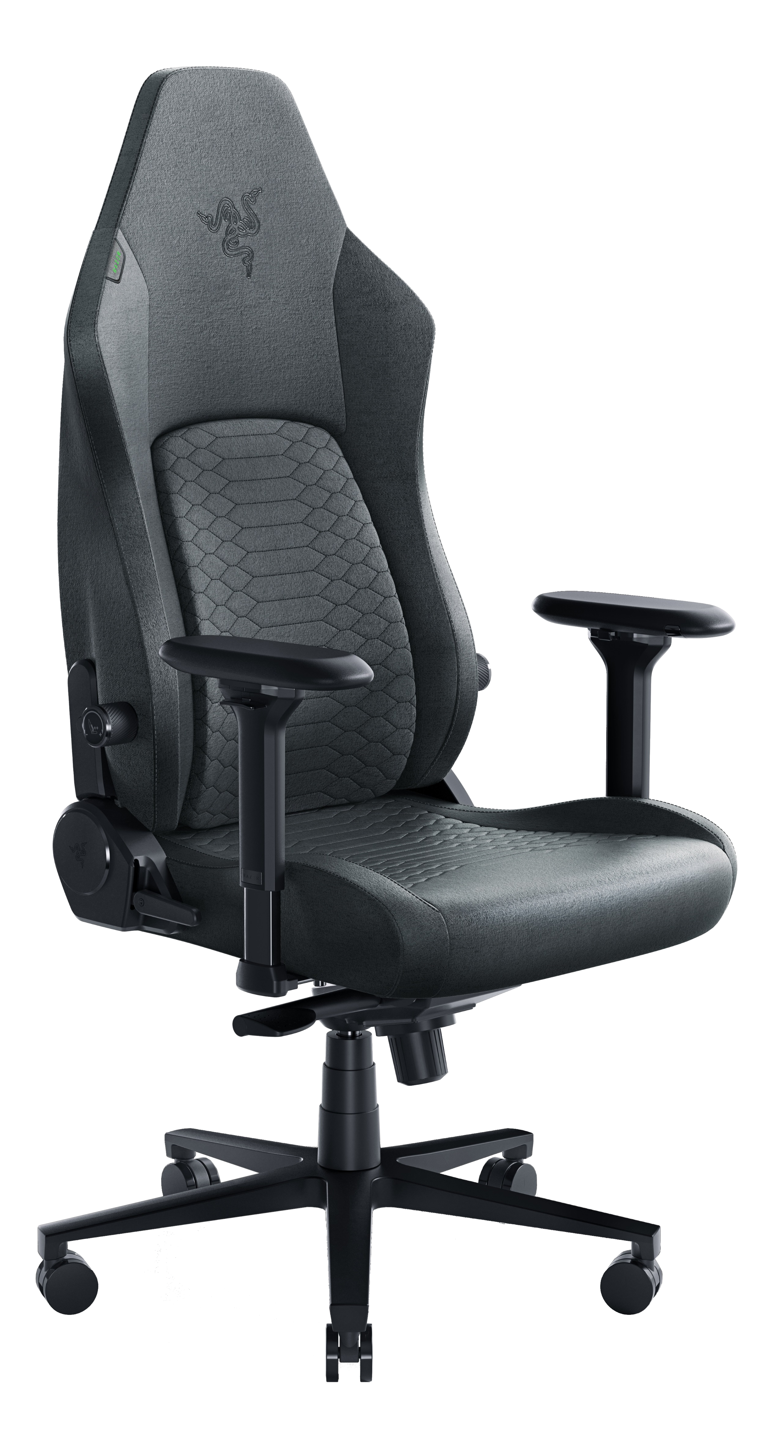 Ergonomischer Gaming-Stuhl in Schwarz und Grau mit Schlangenhaut-Design und Razer-Logo.
