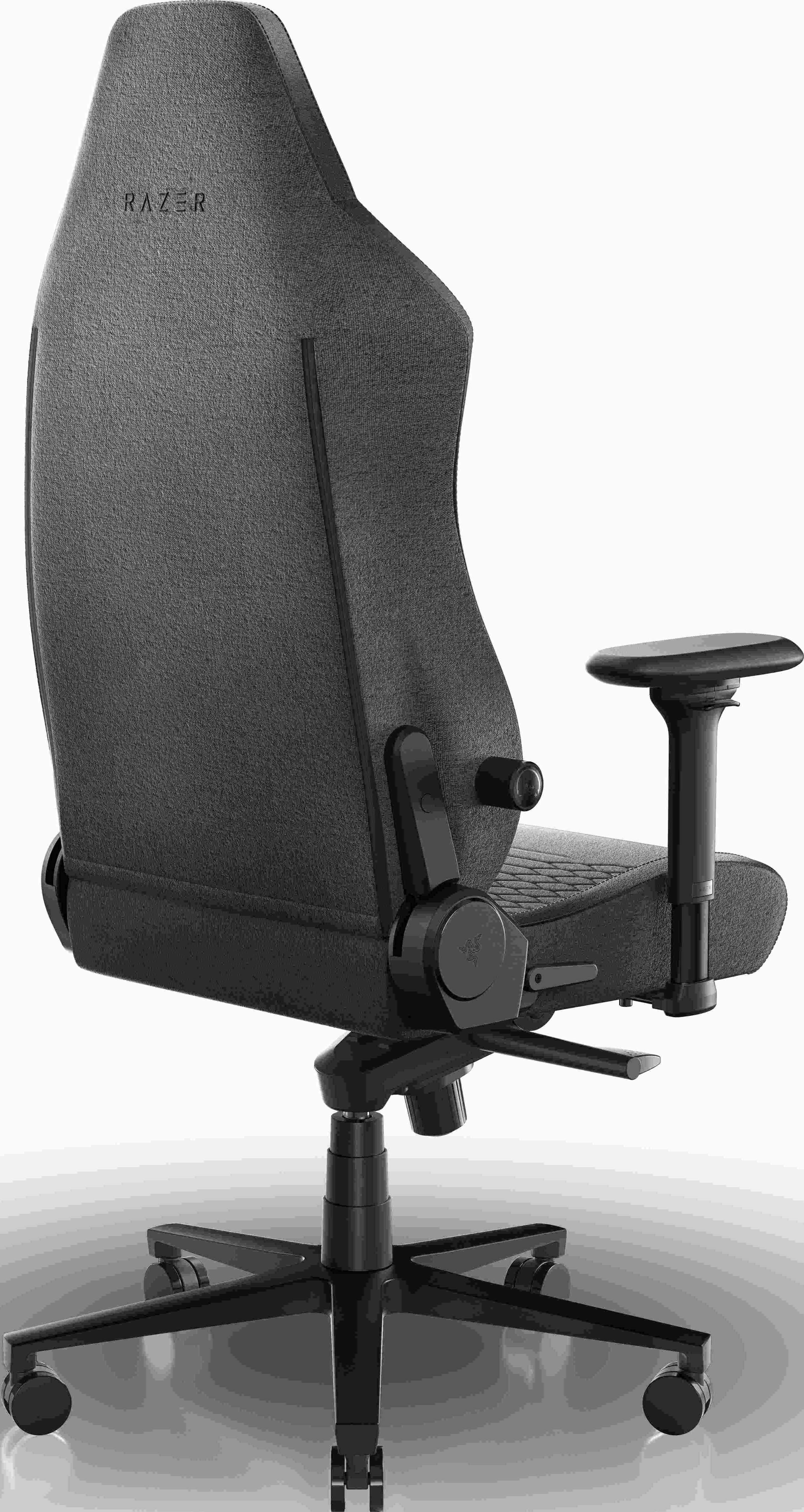 Schwarzer Razer-Gaming-Stuhl von der Seite gesehen, mit dem Razer-Logo.