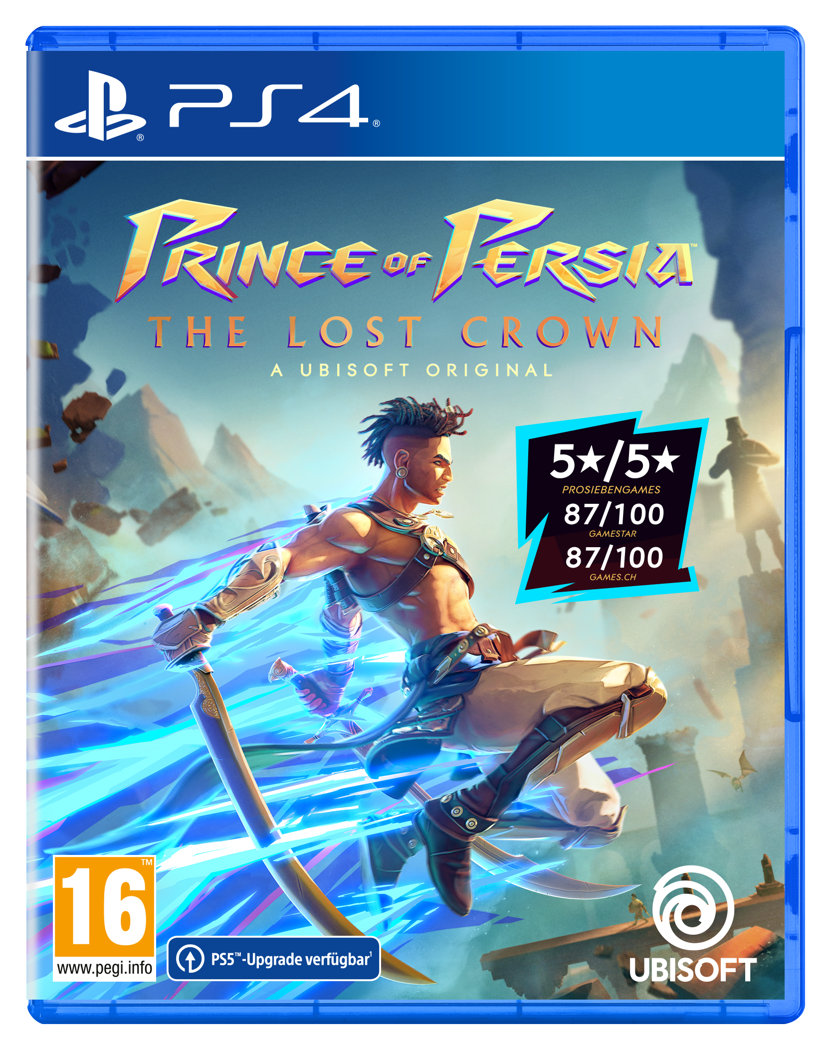 PS4-Spielhülle für Prince of Persia. Spieltitel und Charakter-Artwork sichtbar. Blauer Hintergrund.