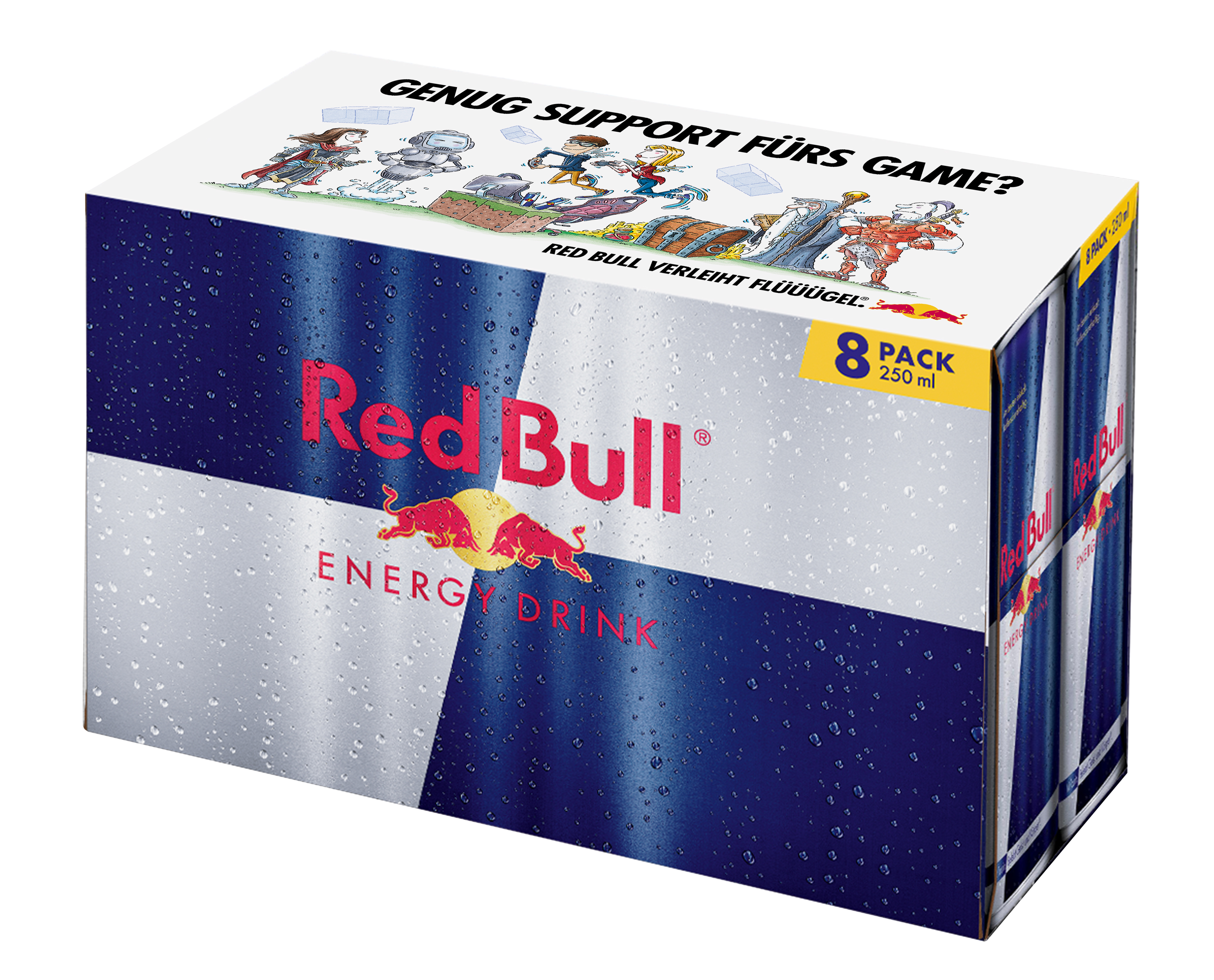 Red Bull 8er-Packung mit Spiel-Illustrationen und Text, auf schwarzem Hintergrund.