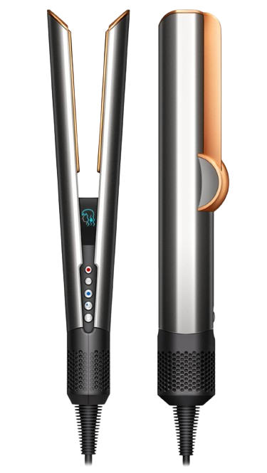 Haarglätter mit zwei Seiten, eine geschlossen und eine offen, mit Digitalanzeige.