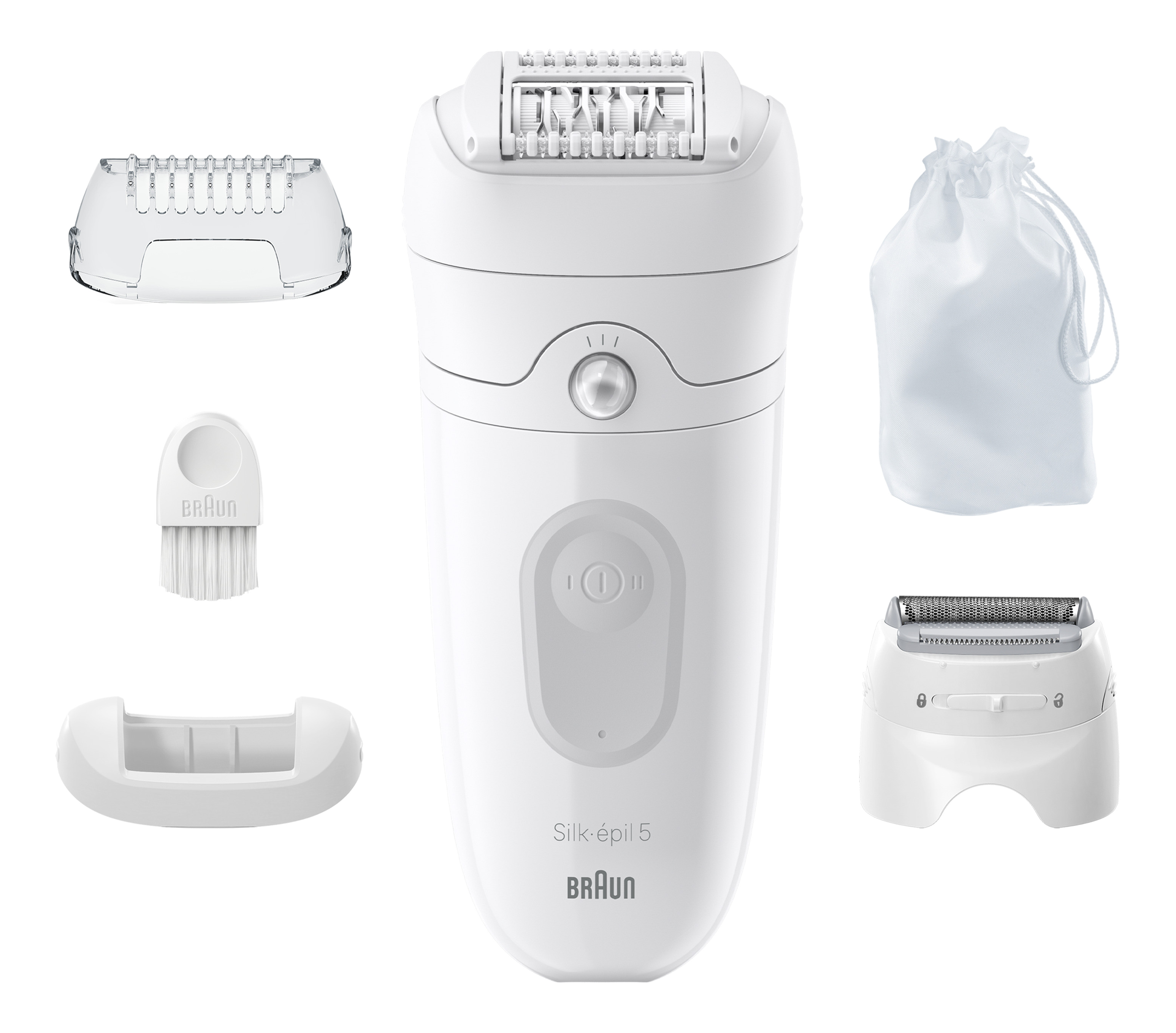 Épilateur blanc, avec accessoires. Inclut tête, brosse et pochette. Disposés sur fond blanc.