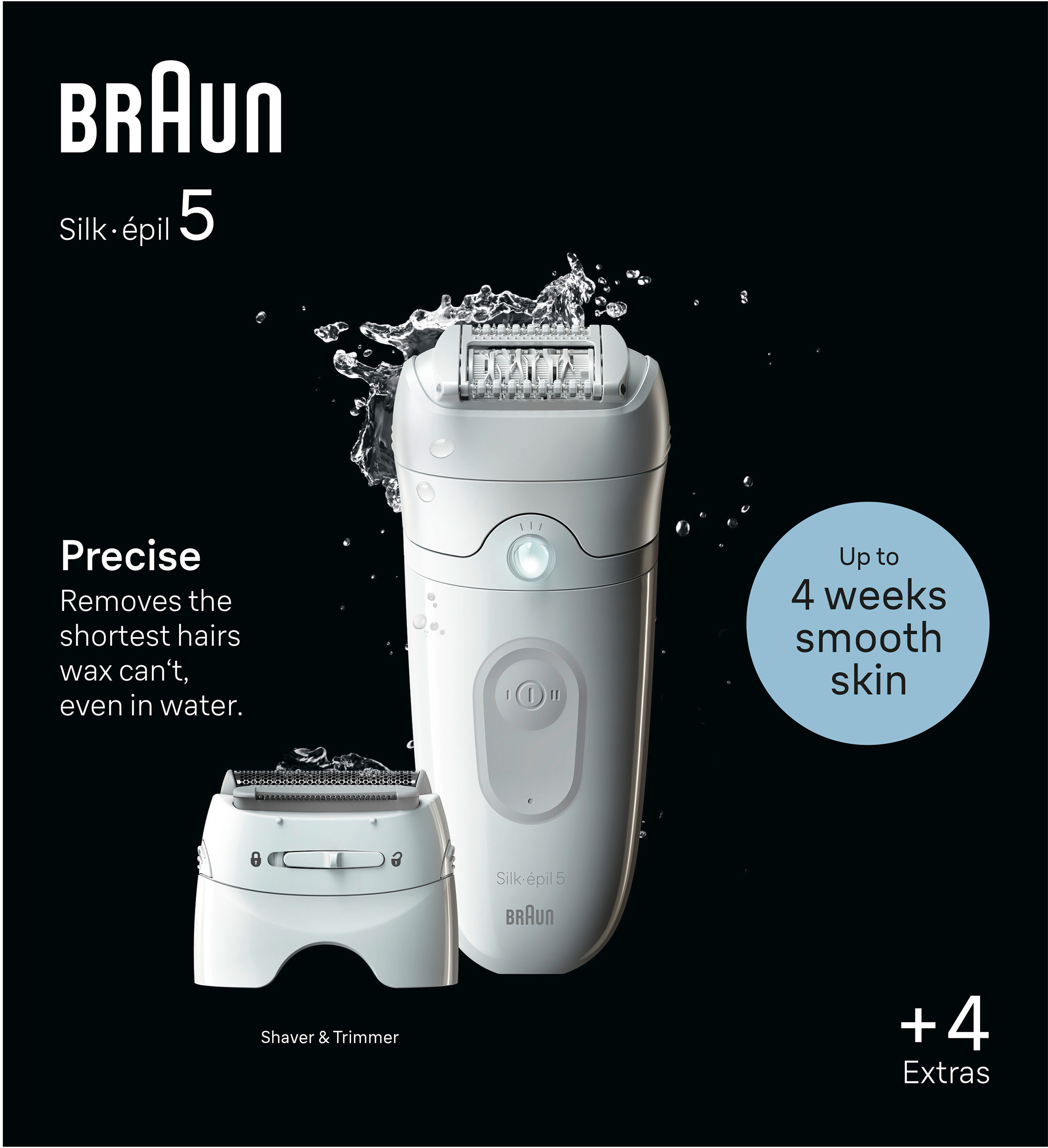 Épilateur Braun Silk-épil 5 avec éclaboussures d'eau, tête de rasage et texte 'peau lisse'.