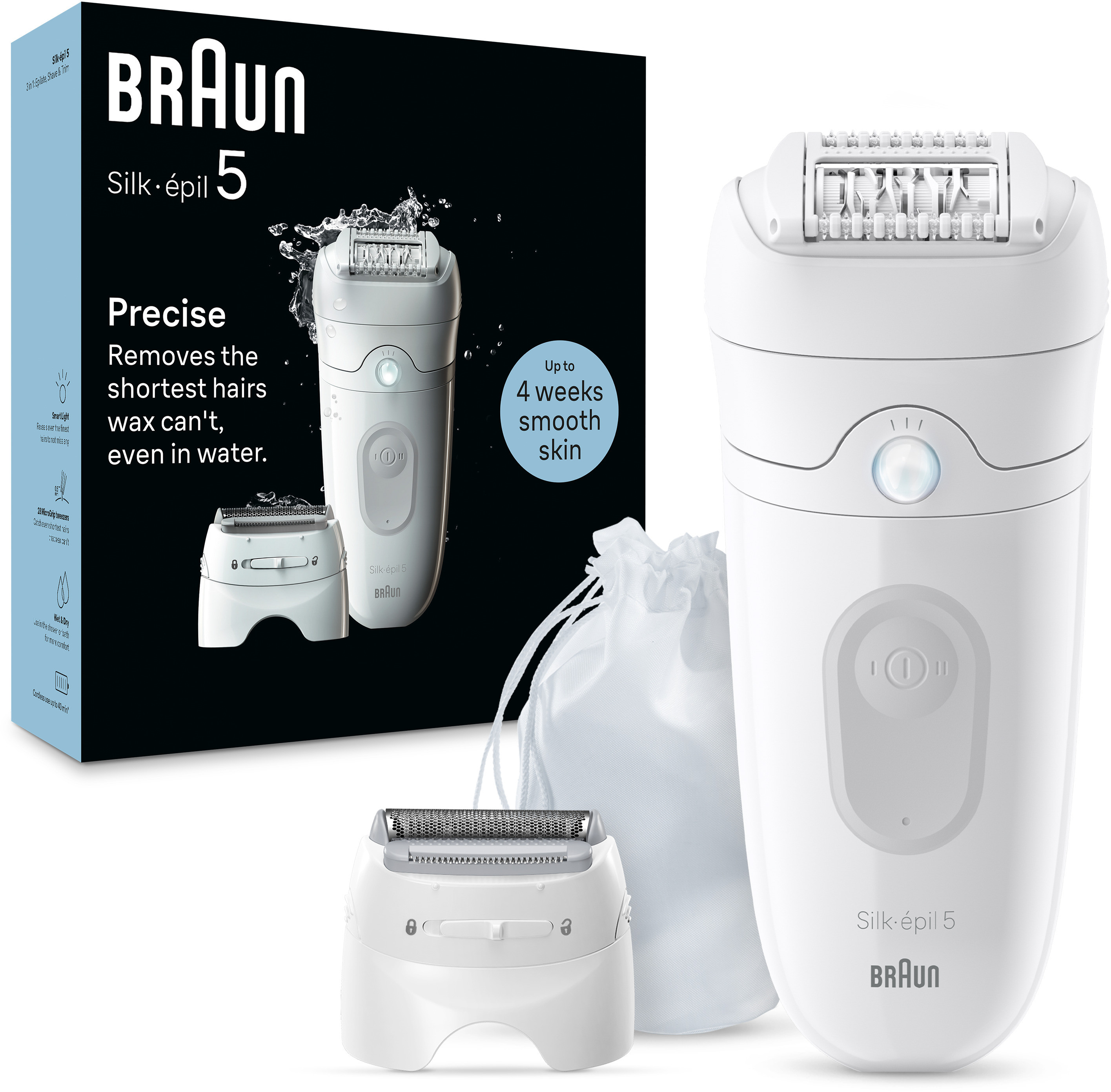 Un épilateur Braun Silk-épil 5 avec accessoires : une boîte, une brosse de nettoyage et une petite pochette blanche.