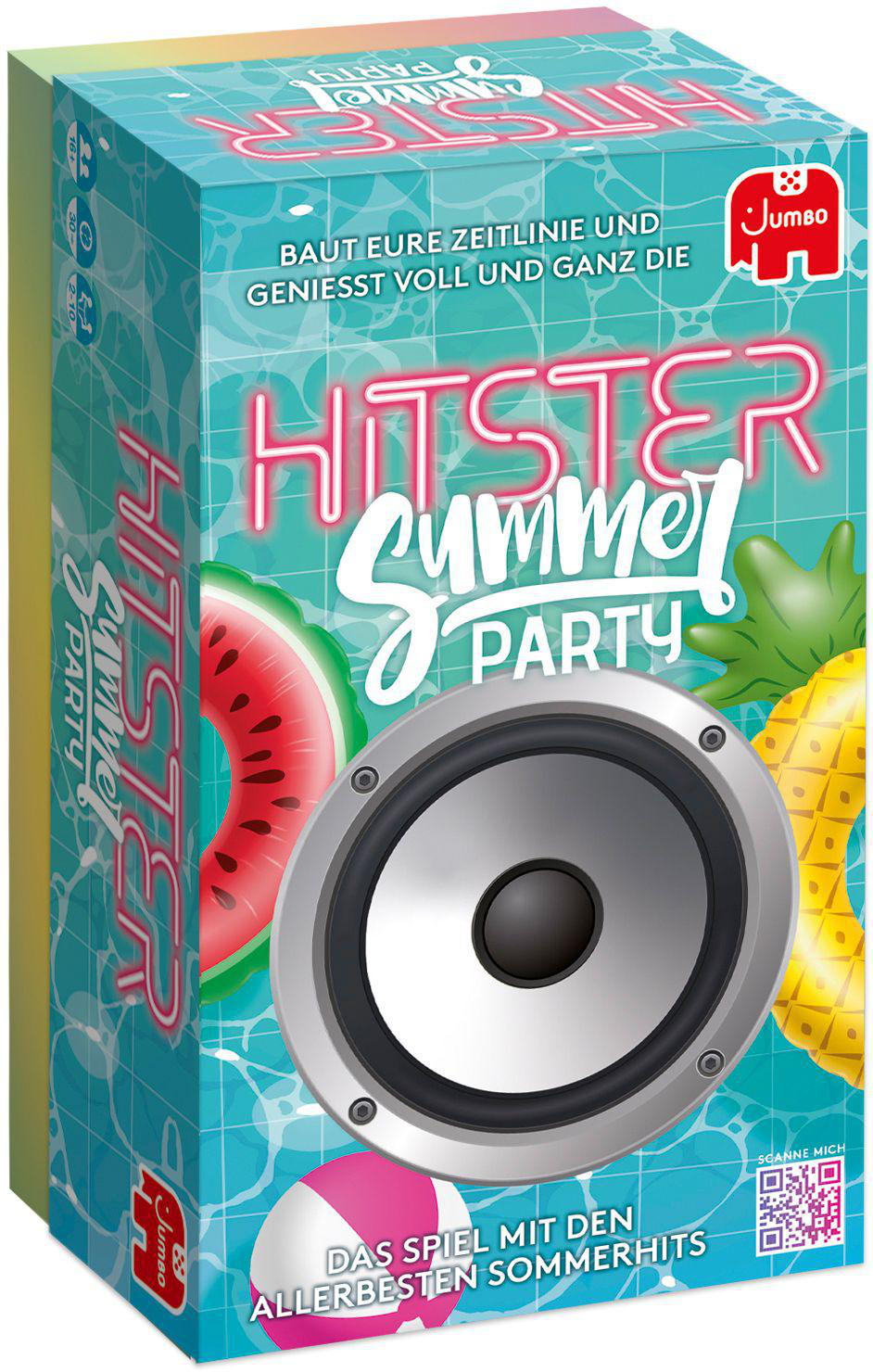 Eine Brettspielbox mit Lautsprechergrafik und dem Schriftzug 'Hipster Summer Party'.