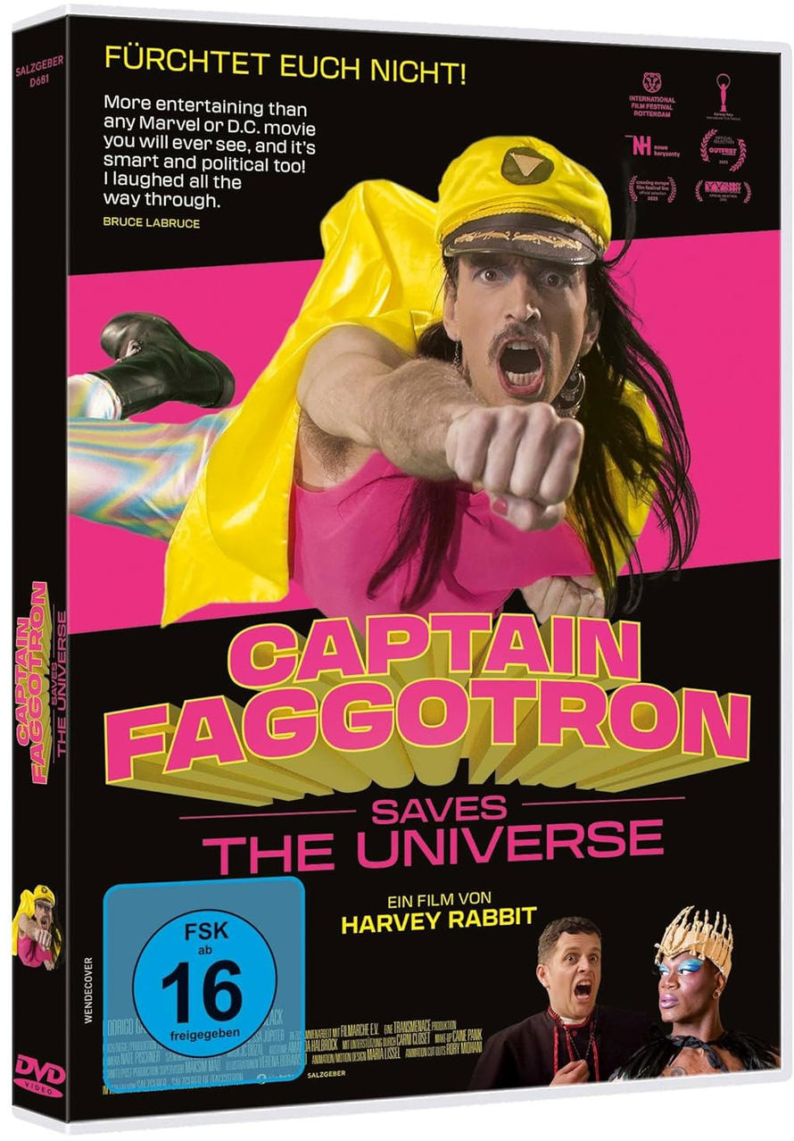 DVD-Hülle. Ein Mann in Pink, mit gelbem Umhang und Hut, mit dem Text 'Captain Faggotron Saves the Universe'.