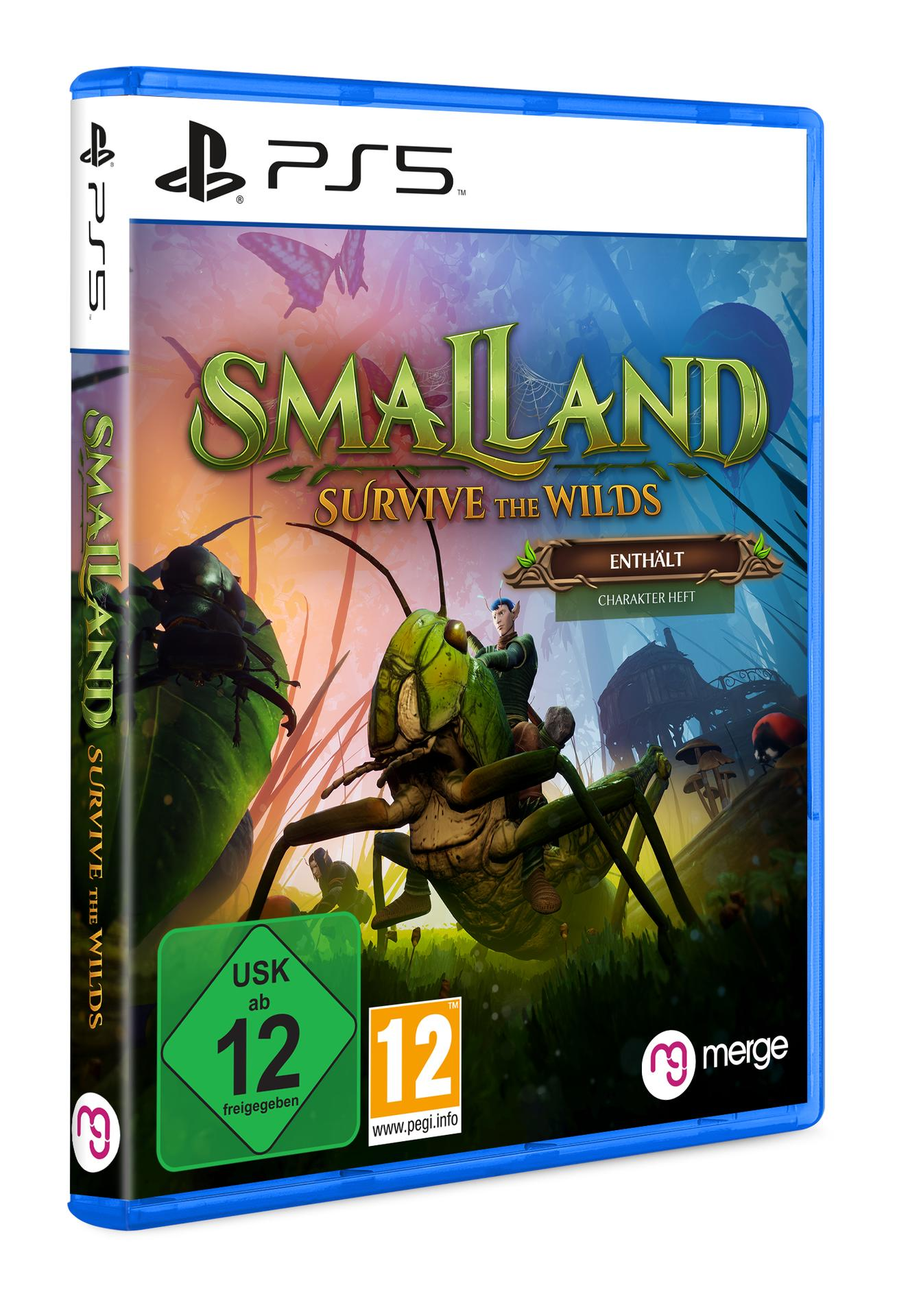 PS5-Spielhülle für Smaland. Eine grüne Heuschrecke reitet durch einen Wald. Das Spiel-Logo ist sichtbar.