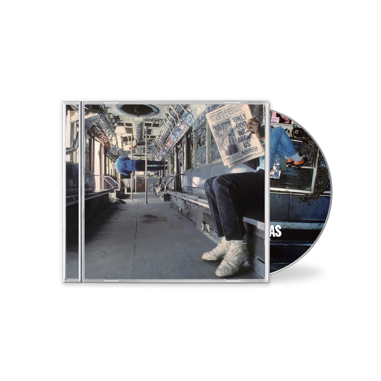 CD-Hülle in einem Zug, mit einem Mann, der Zeitung liest.