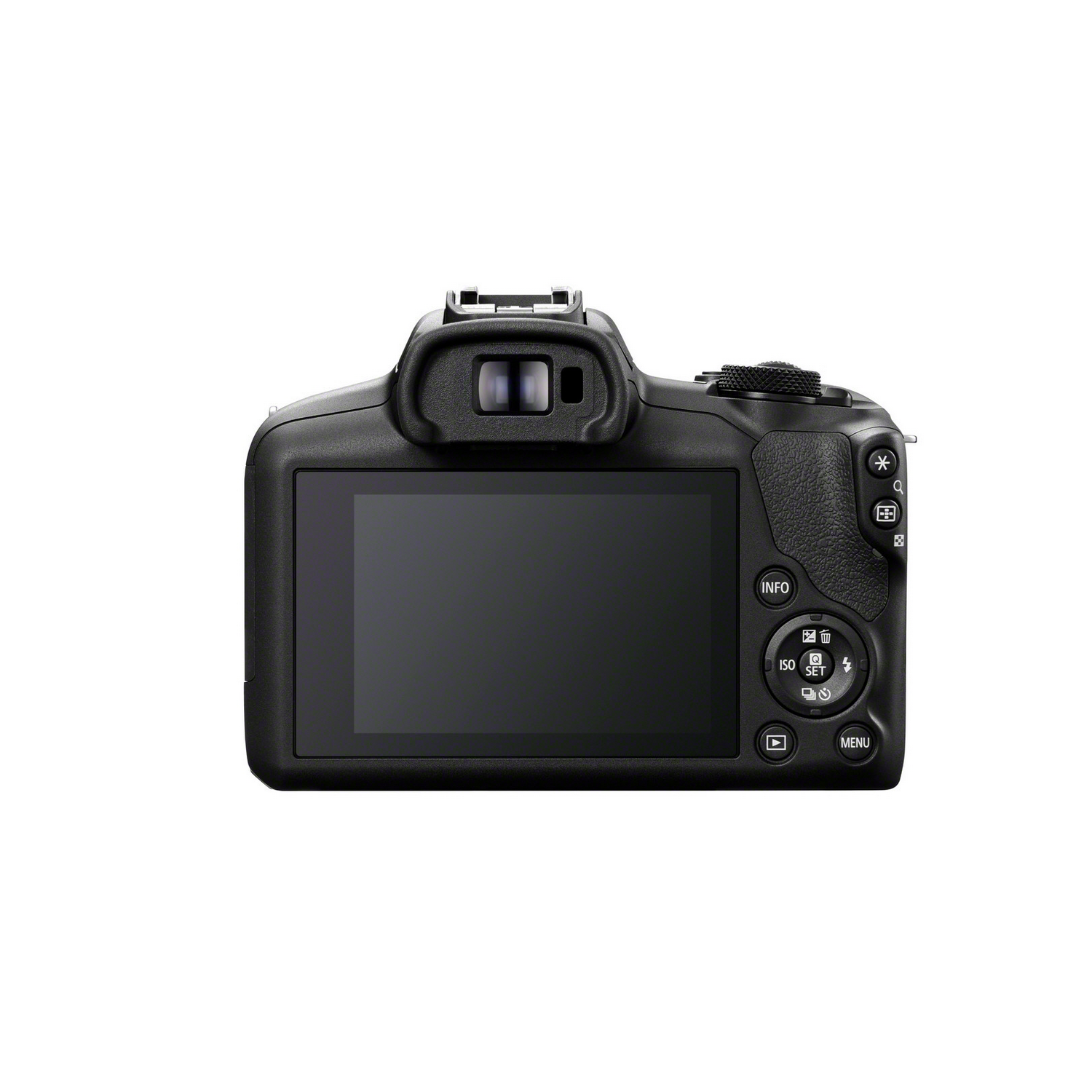 Black camera back, with a screen and buttons. The screen is black. Buttons for info, menu and settings.