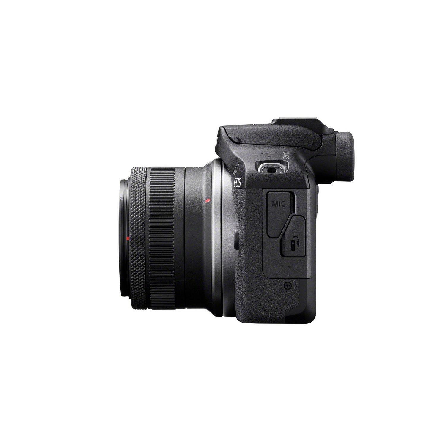 Black camera, side view, lens on the left, buttons and mic on the right.