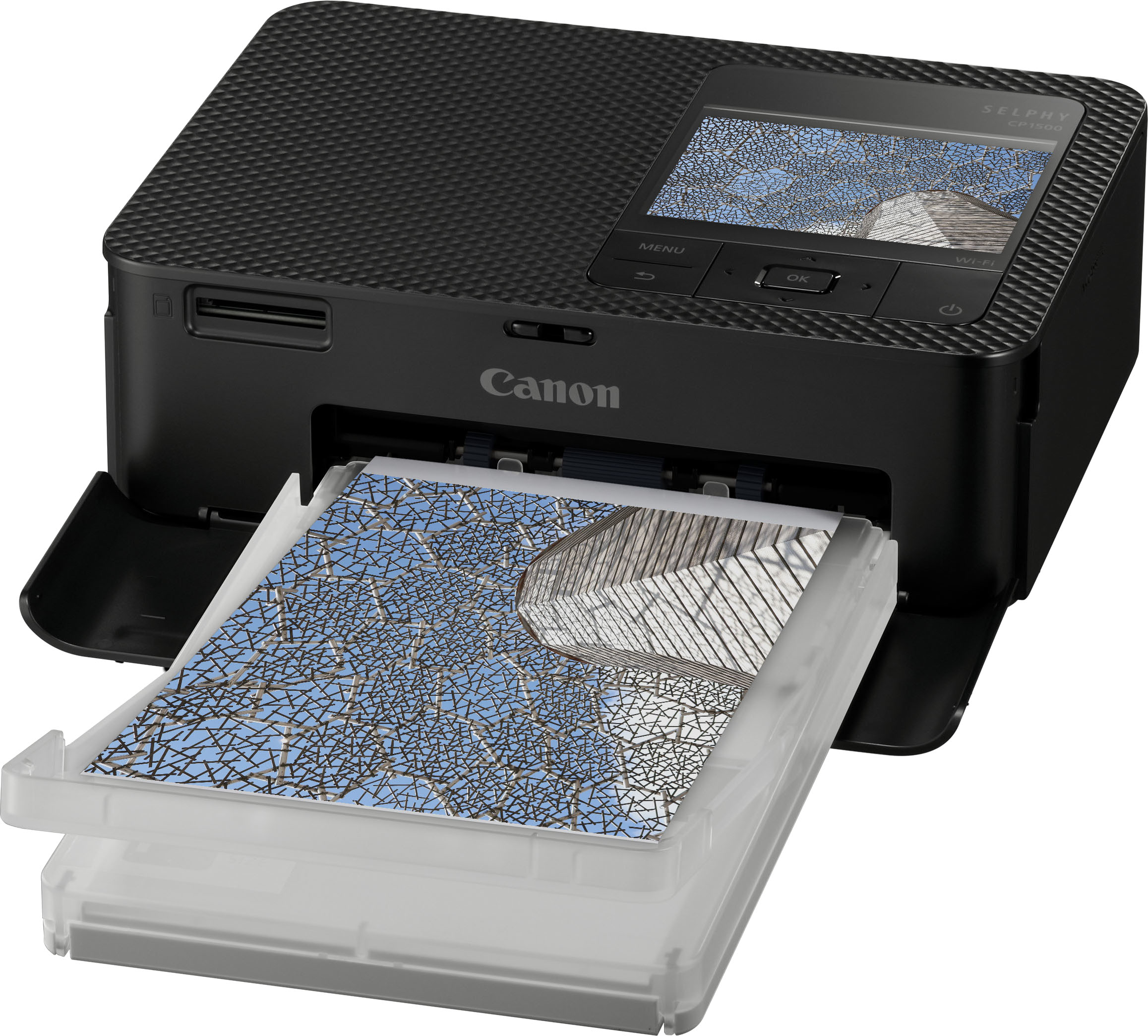 Black printer with a screen displaying a printed image. A tray with an image is in the front.