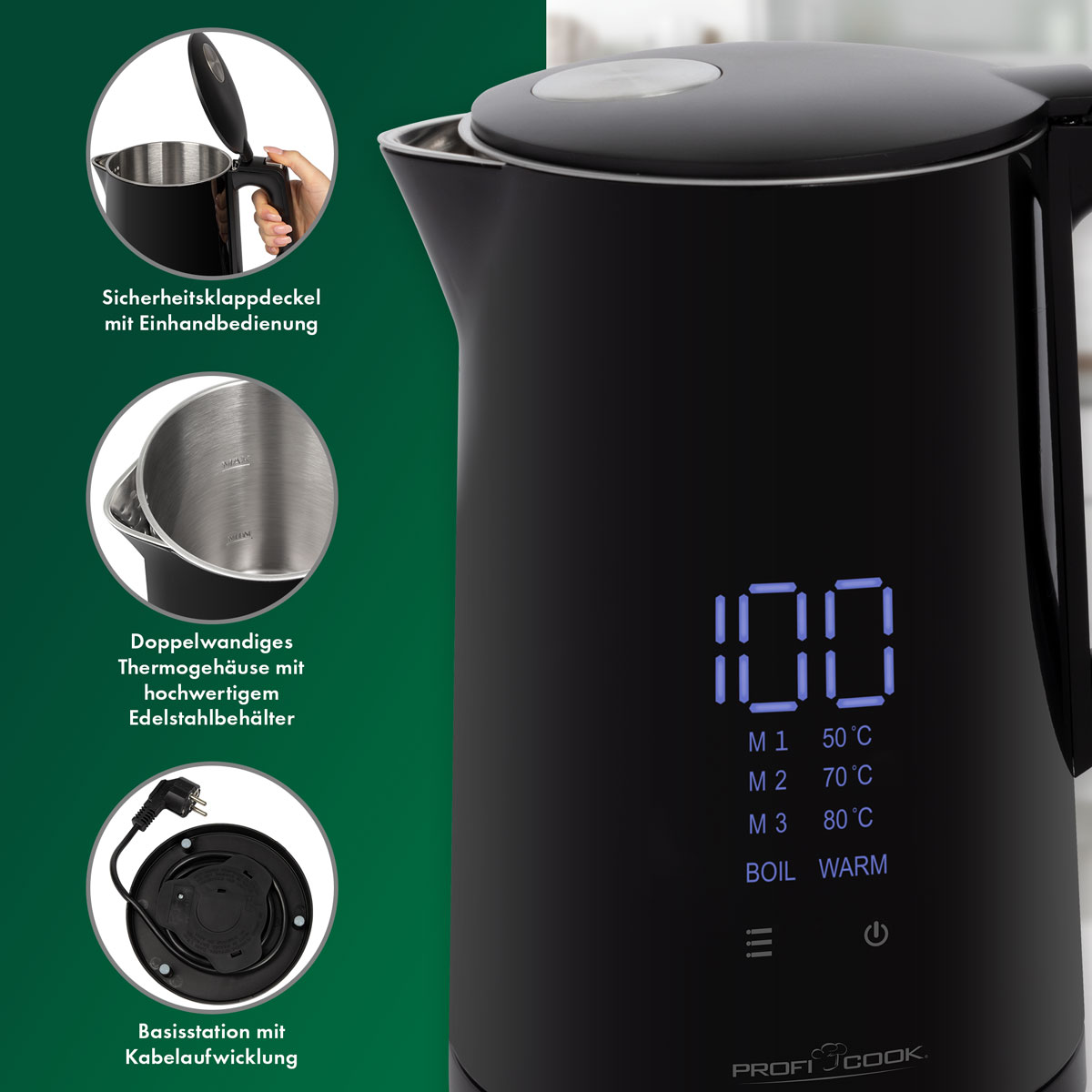 Schwarzer Wasserkocher mit Digitalanzeige, Temperatur und Basisstation.
