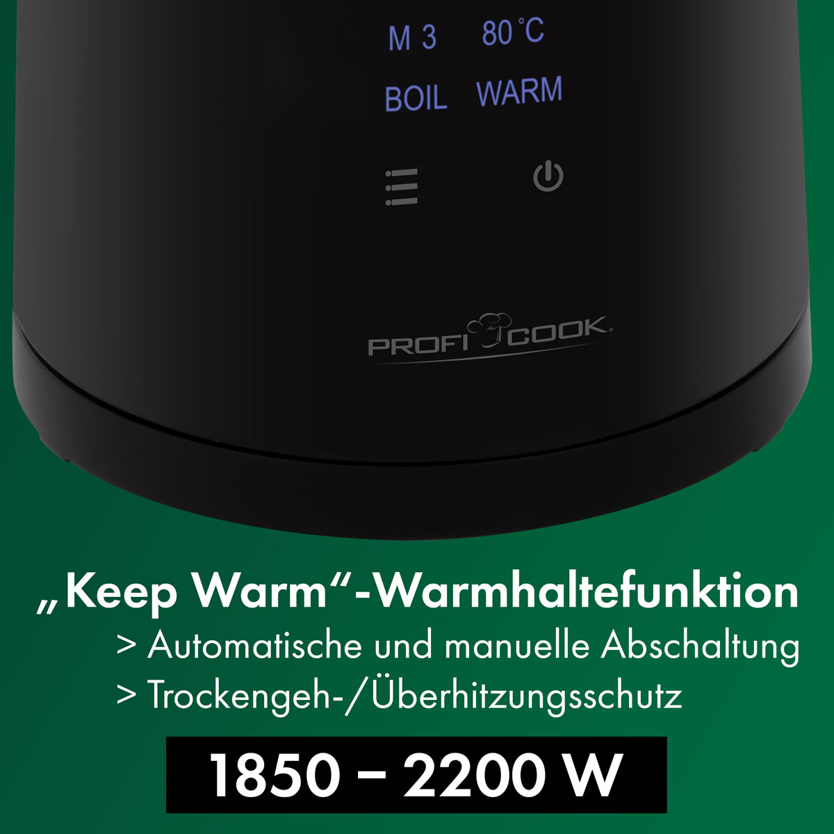 Schwarzer Wasserkocher mit digitaler Anzeige von Temperatur und Einstellungen. Weißer Text.