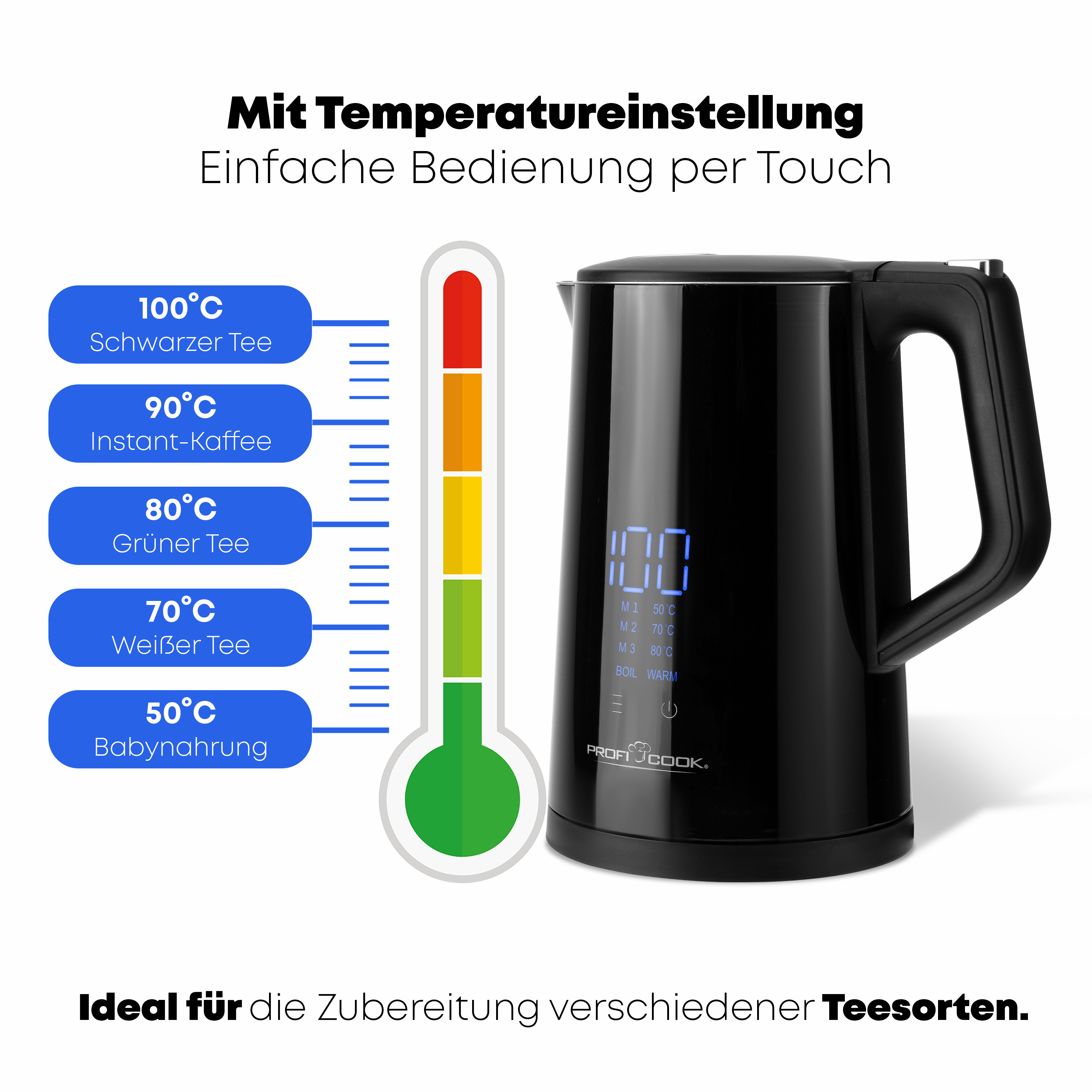 Schwarzer Wasserkocher mit Temperatureinstellungen, Thermometer und Digitalanzeige.