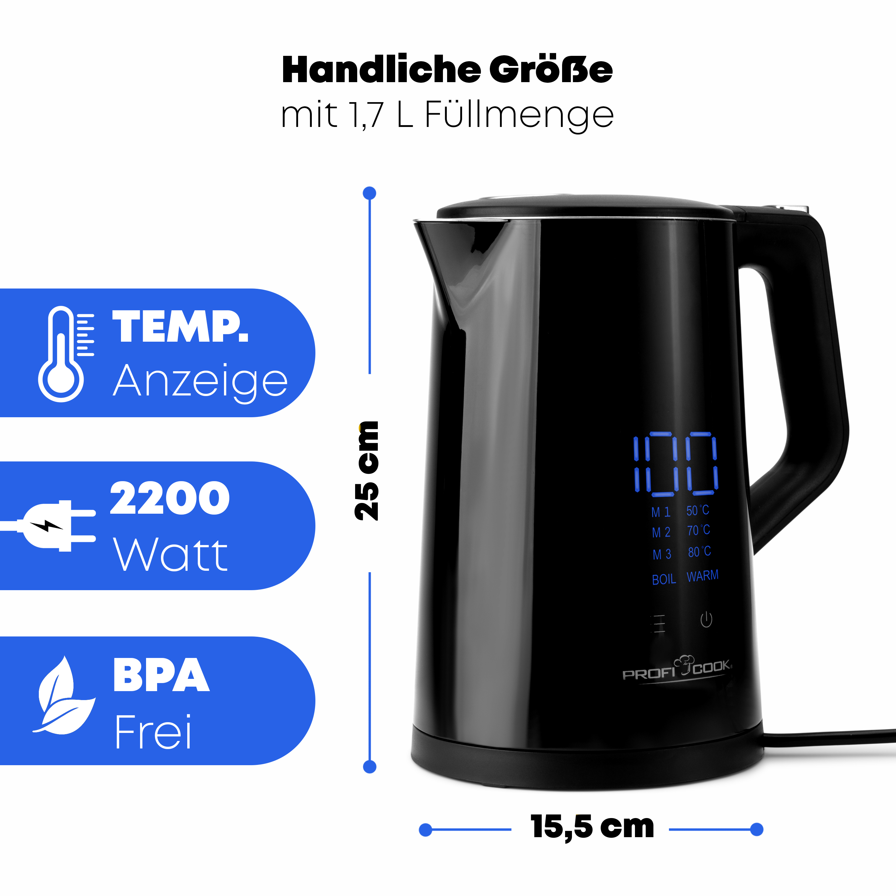 Schwarzer Wasserkocher mit Digitalanzeige. Zeigt Wassertemperatur an. Abmessungen und Wattzahl sind angegeben.
