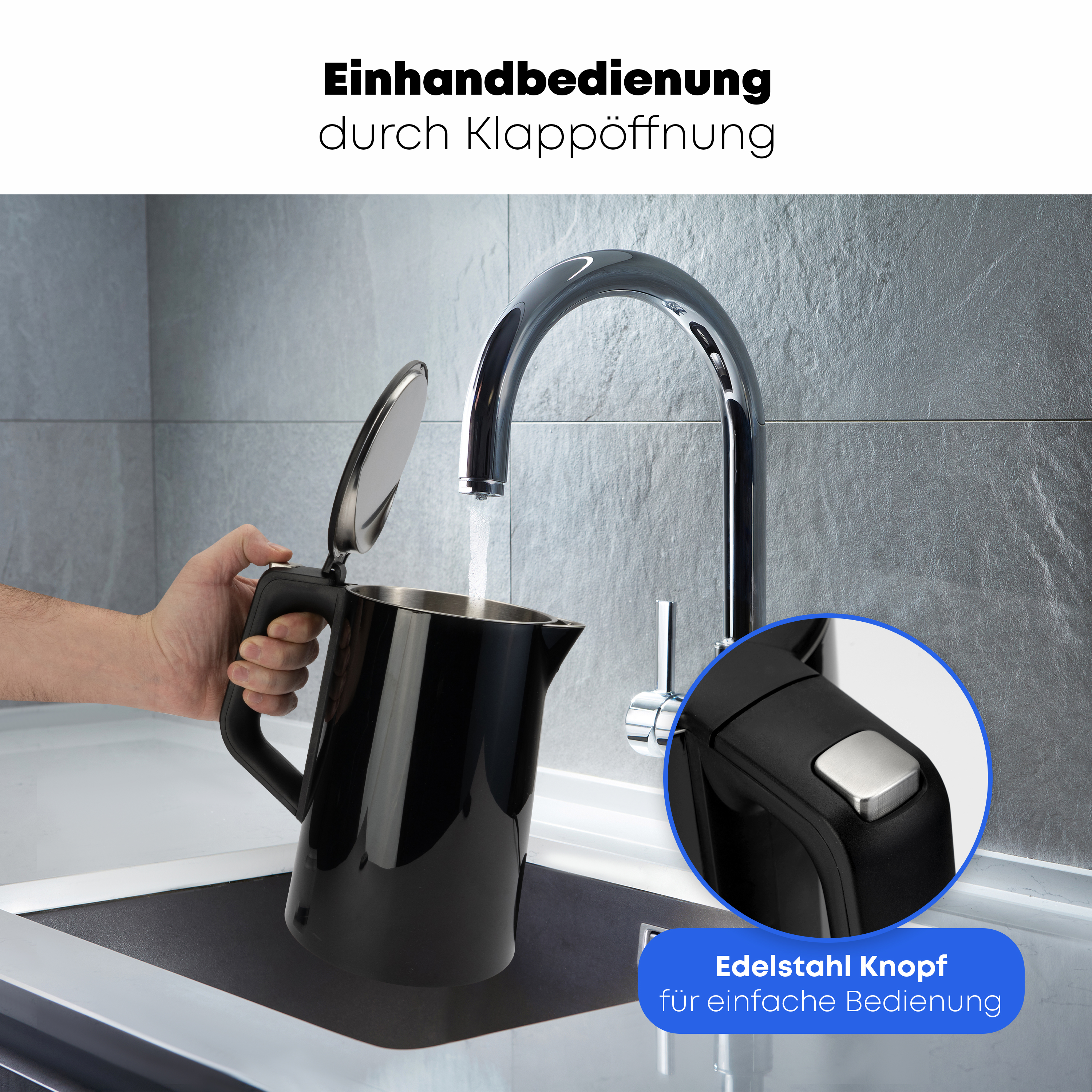 Schwarzer Wasserkocher wird mit Wasser gefüllt. Text und Detail des Wasserkochers.