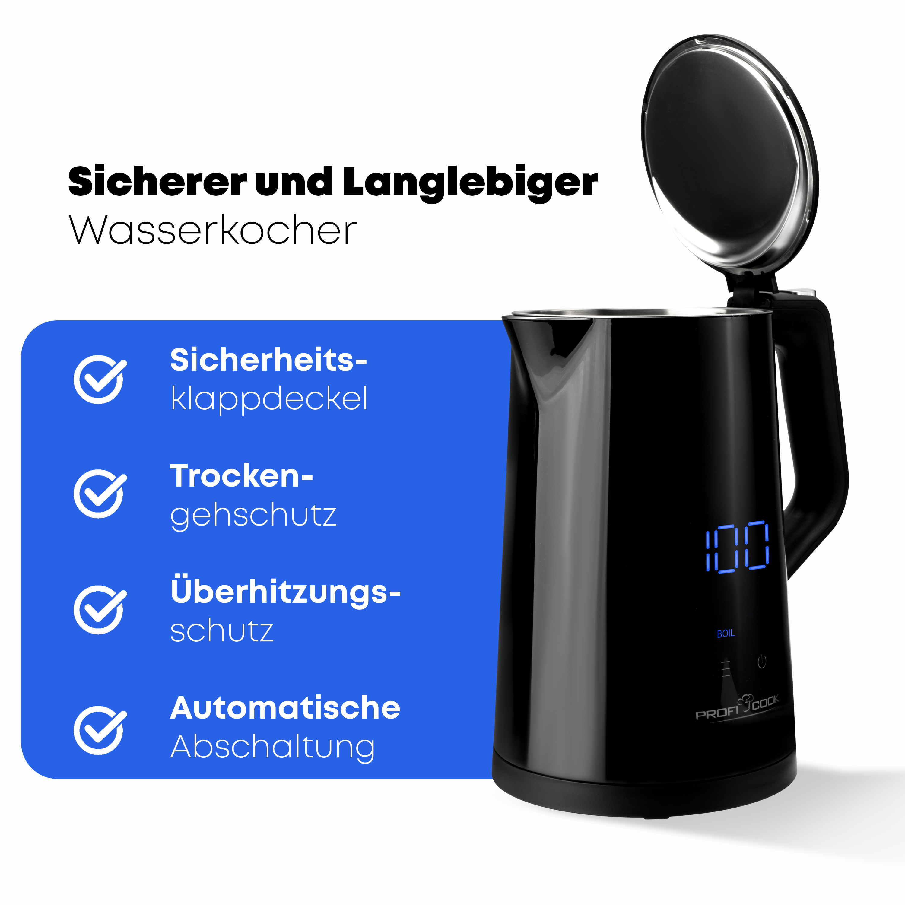 Schwarzer Wasserkocher mit Text: sicher und langlebig, Sicherheitsdeckel, Trockenschutz, Überhitzungsschutz, automatische Abschaltung.