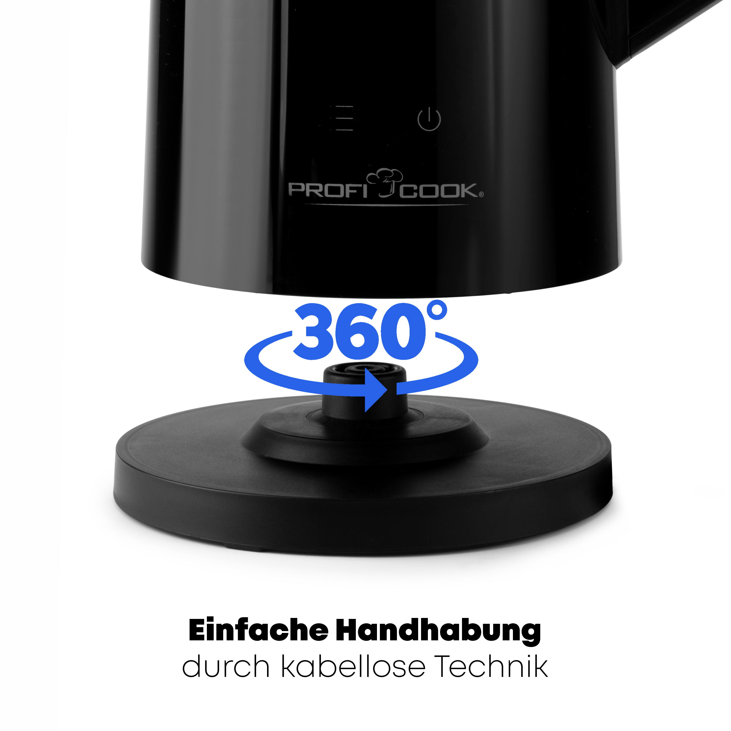 Schwarzer Wasserkocher-Sockel mit 360°-Pfeil und dem Wort 'Einfache Handhabung'.