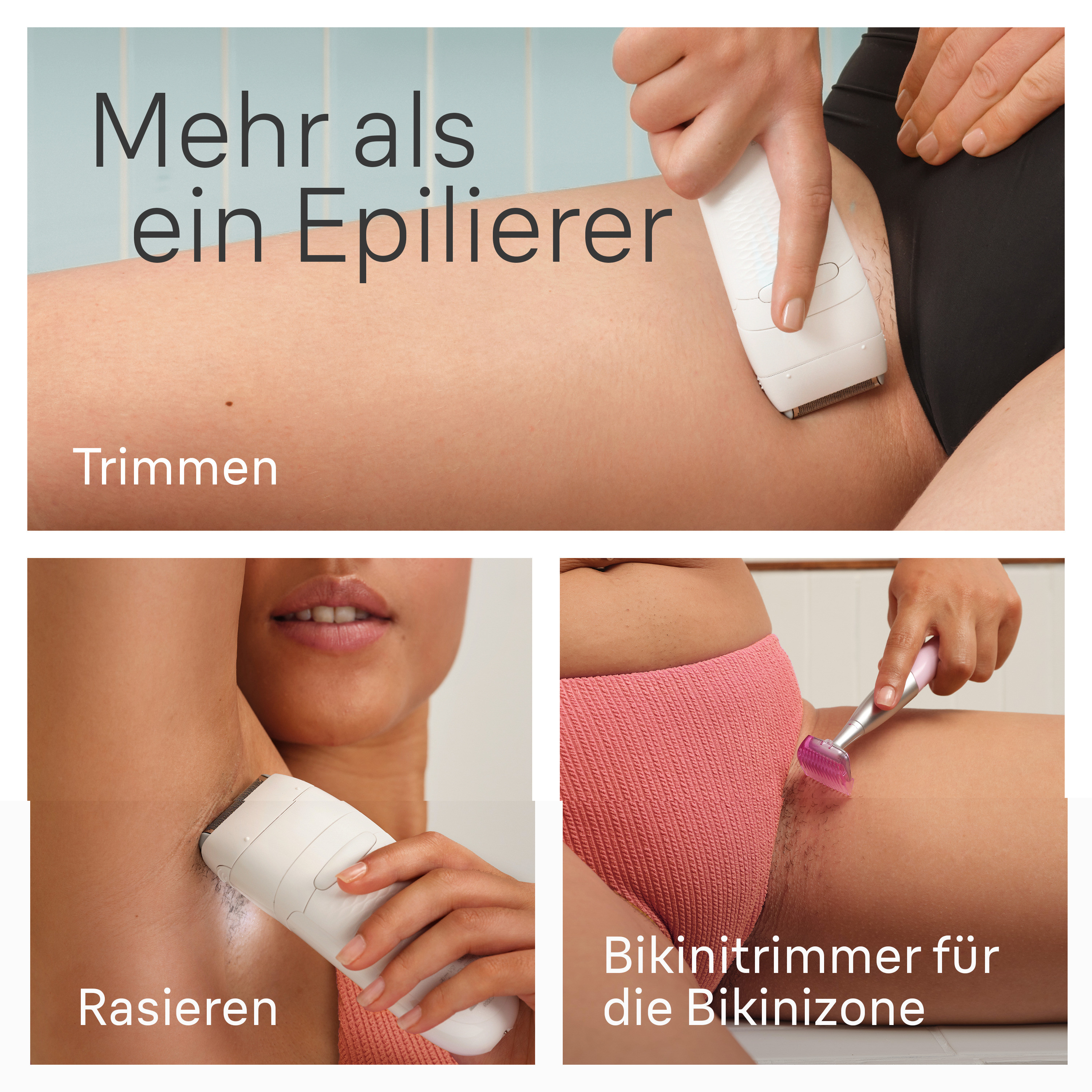 Drei Bilder, die verschiedene Haarentfernungsmethoden zeigen: Rasieren, Trimmen, Epilieren.