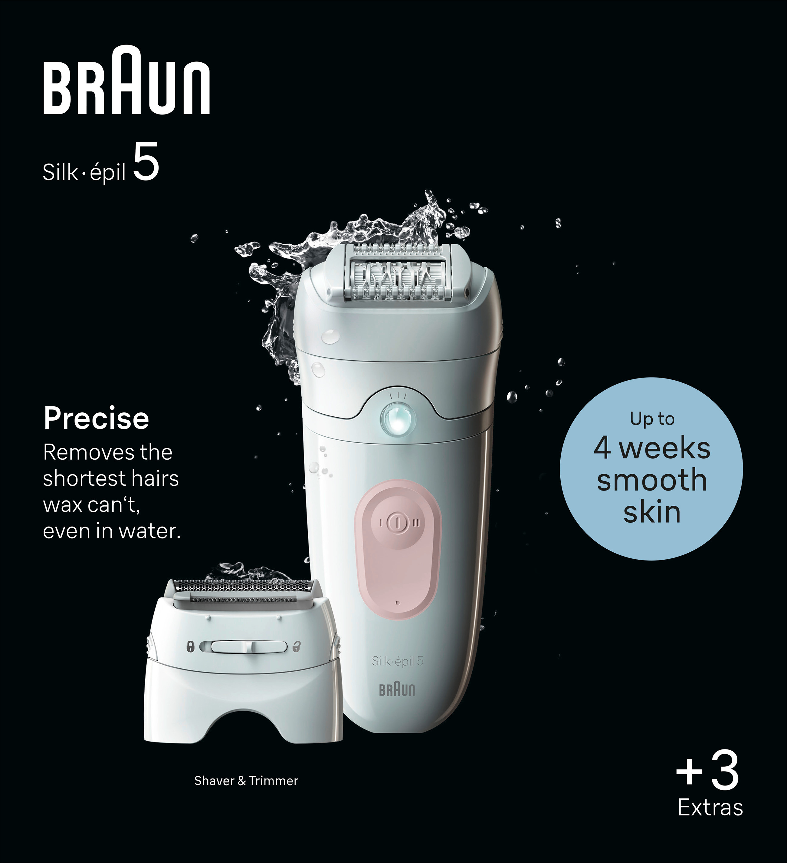 Ein Braun Silk-épil 5 Epilierer mit Wasser und Text.
