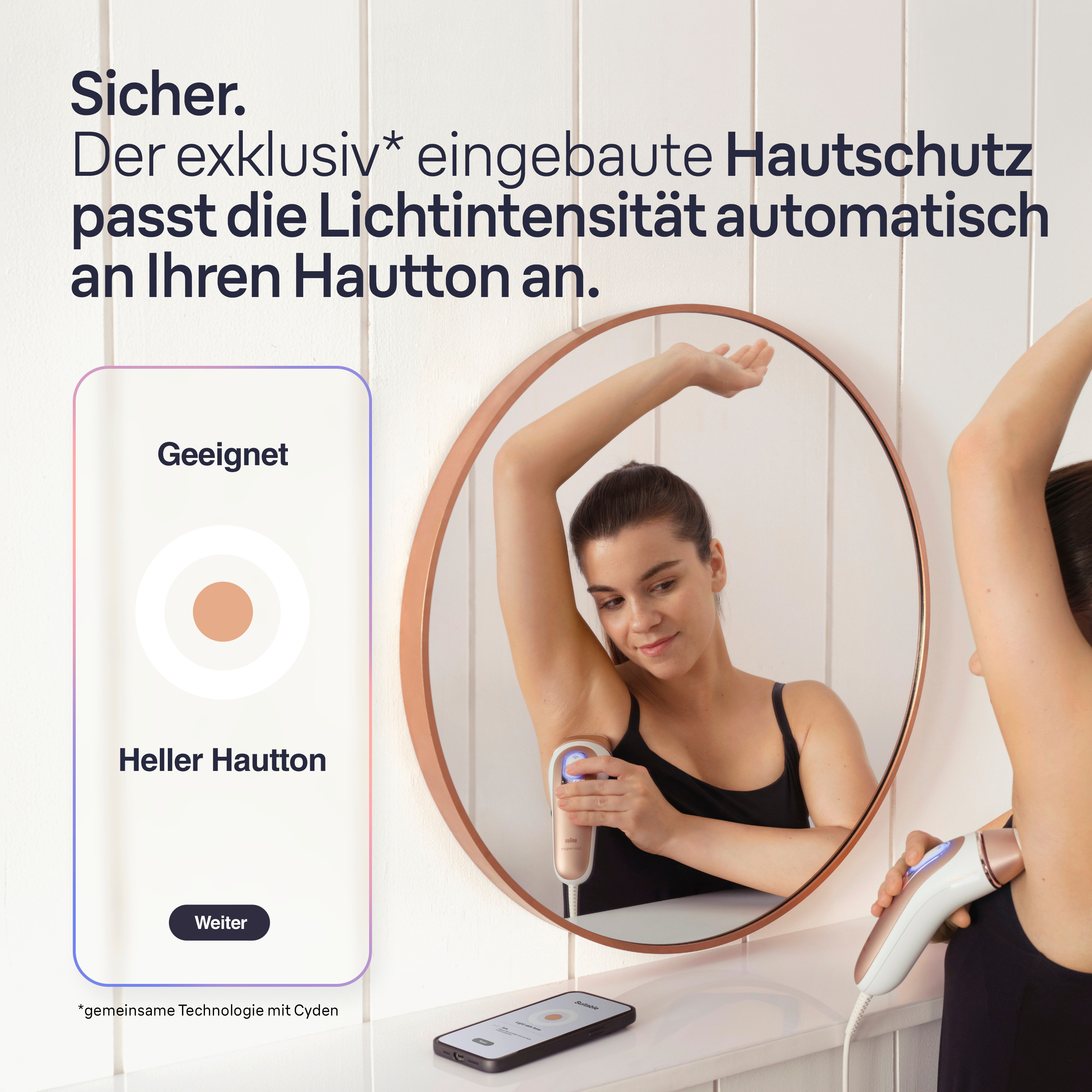 Eine Frau benutzt ein Haarentfernungsgerät vor einem Spiegel. Text sagt: 'Sicher' und 'Geeignet'.