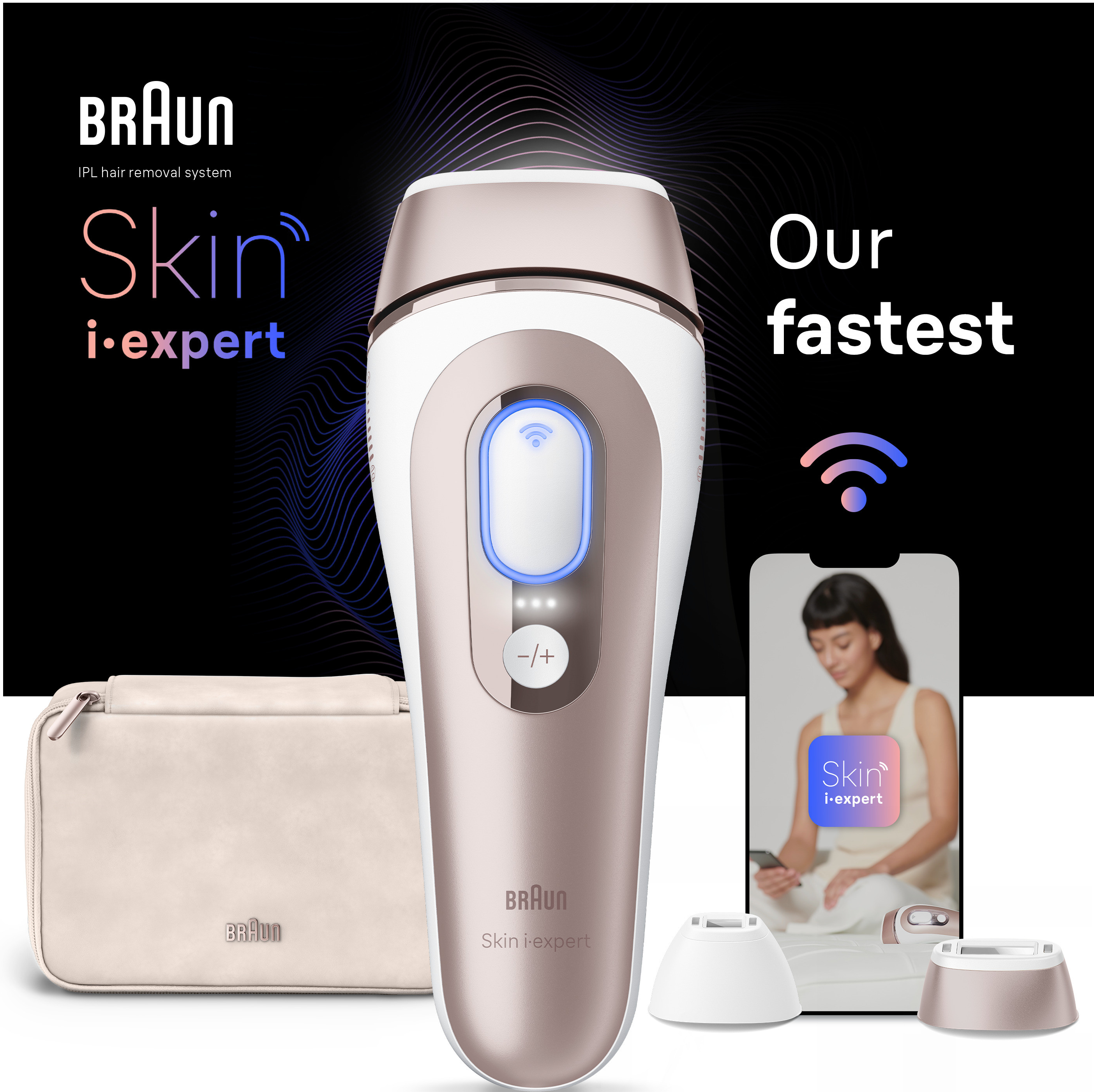 Braun IPL Haarentfernungssystem mit Zubehör und Smartphone mit App.