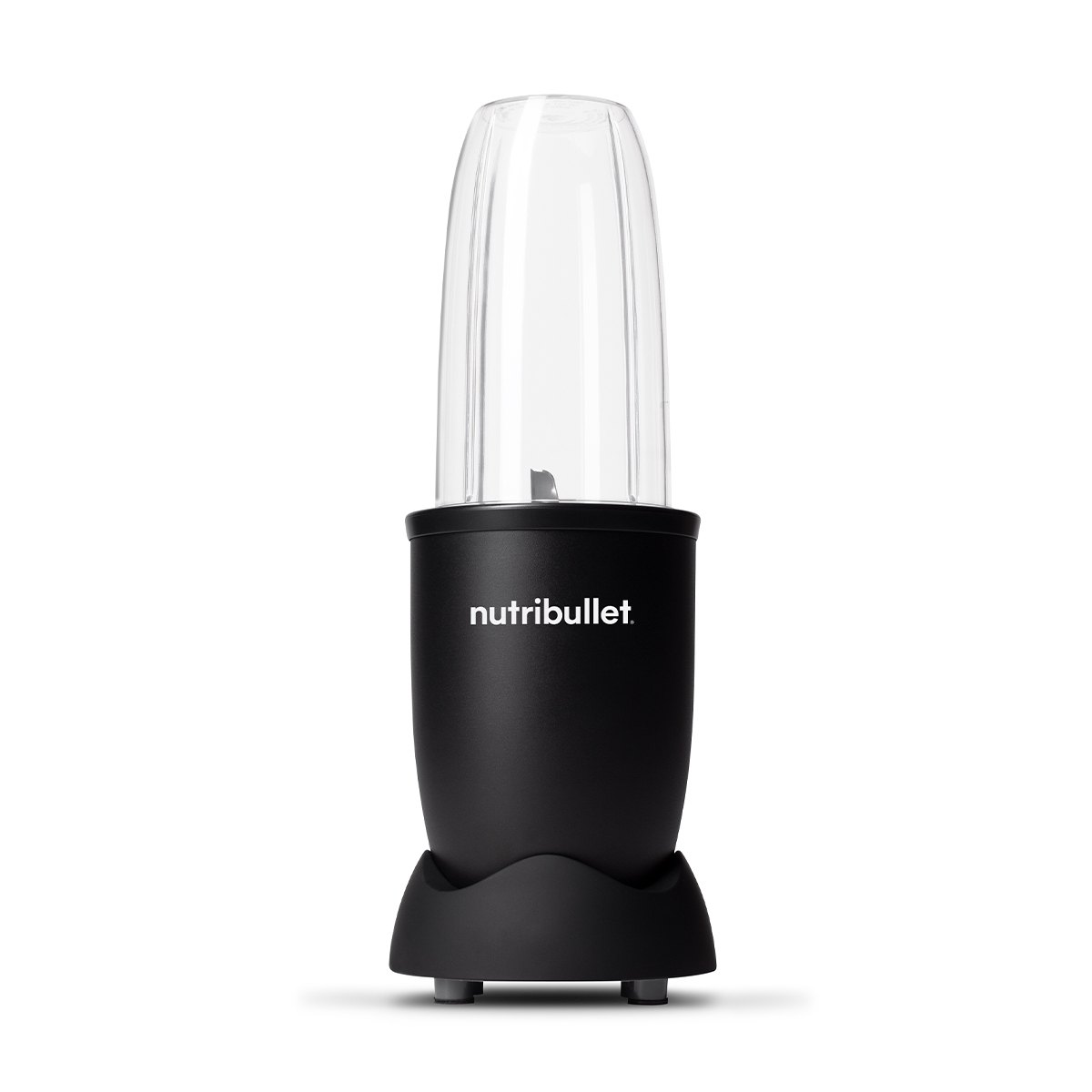 Schwarzer und klarer Nutribullet-Mixer auf weißem Hintergrund.
