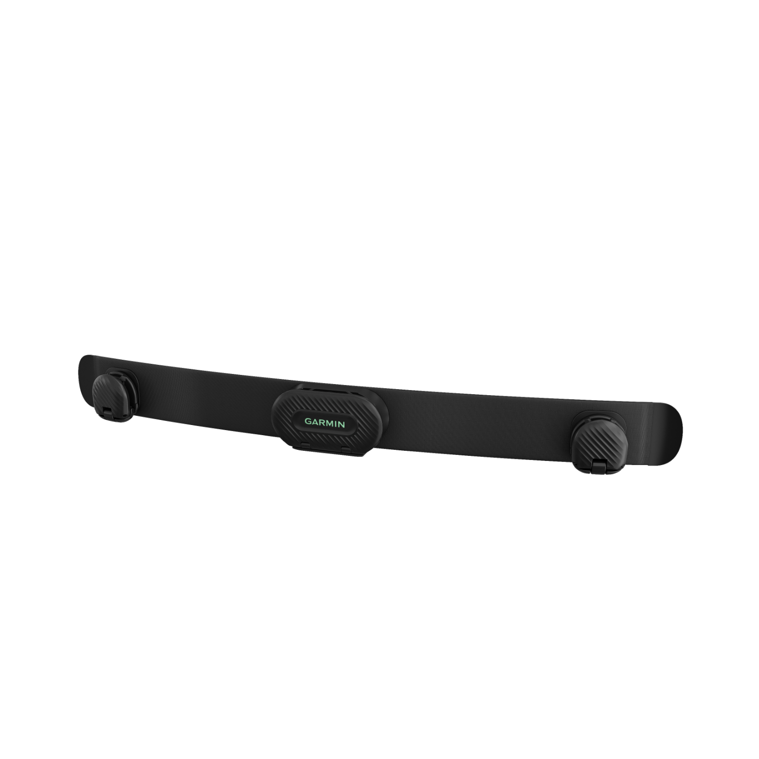 Zwarte hartslagmeter. Een zwarte band met Garmin-logo en sensoren aan beide uiteinden.