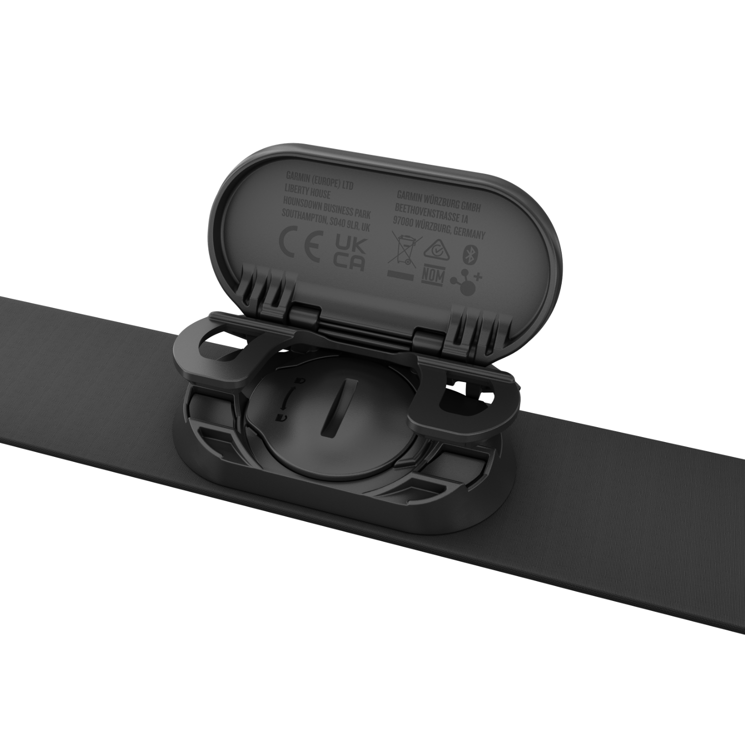 Zwarte Garmin hartslagmeter. Hij is open en toont het batterijcompartiment. De band ligt op een donkere ondergrond.