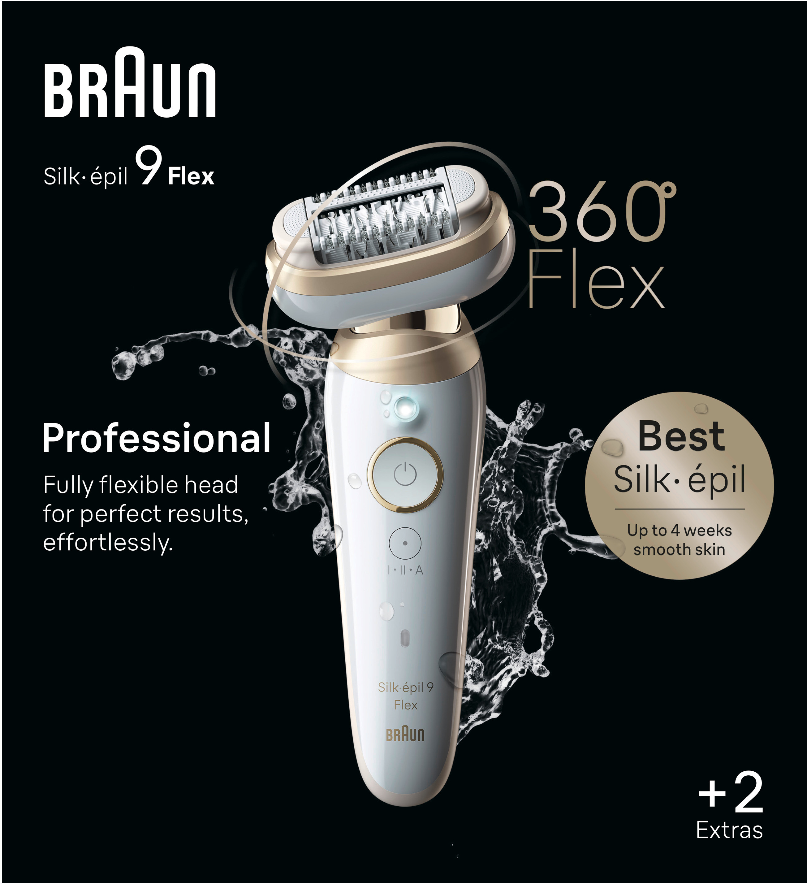 Ein Braun Silk-épil 9 Flex Epilierer. Weiße und goldene Farben.