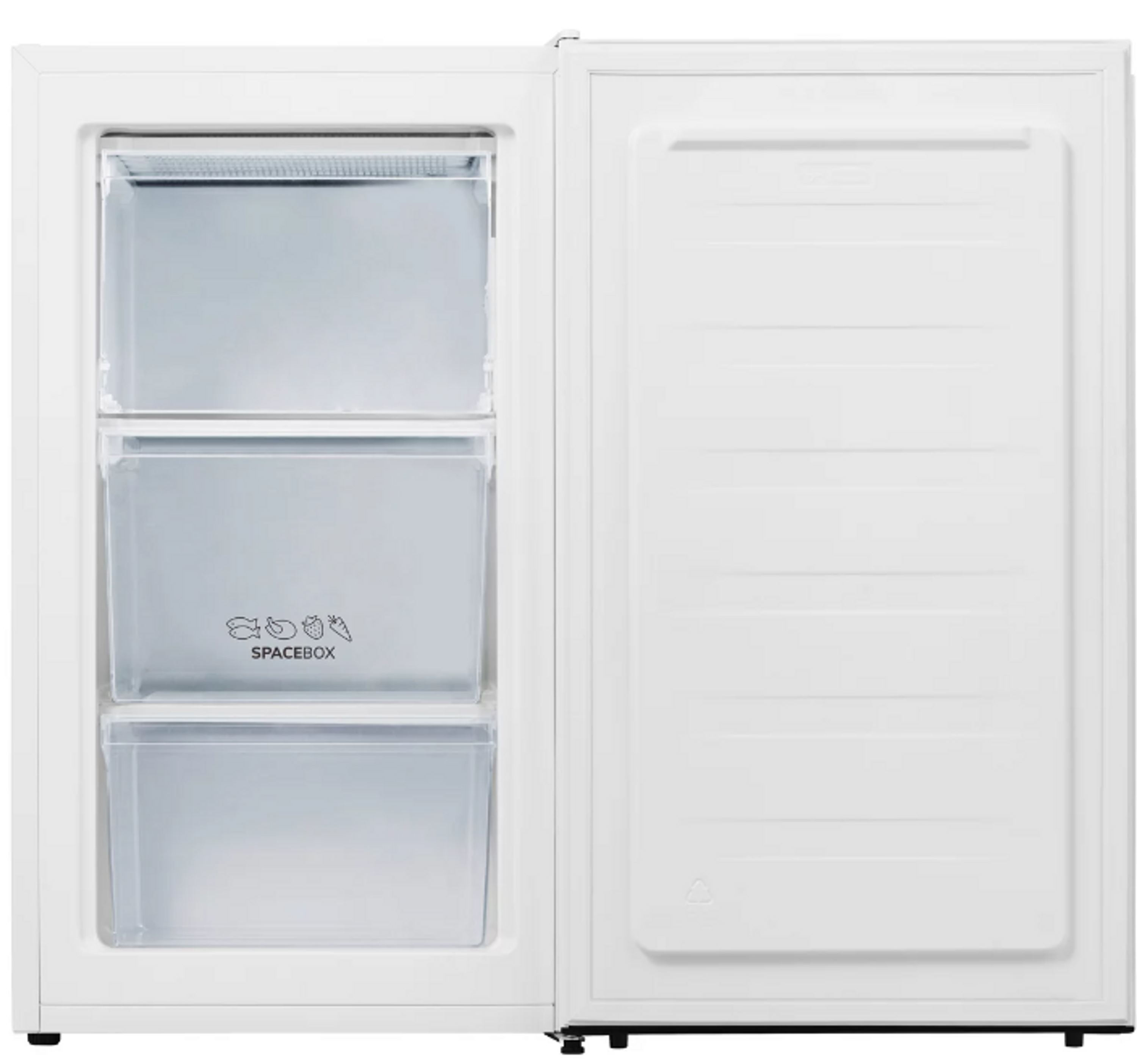 Fehér hűtőszekrény nyitott fagyasztó fiókokkal. Három átlátszó fiók látható, rajta a SPACEBOX logóval.