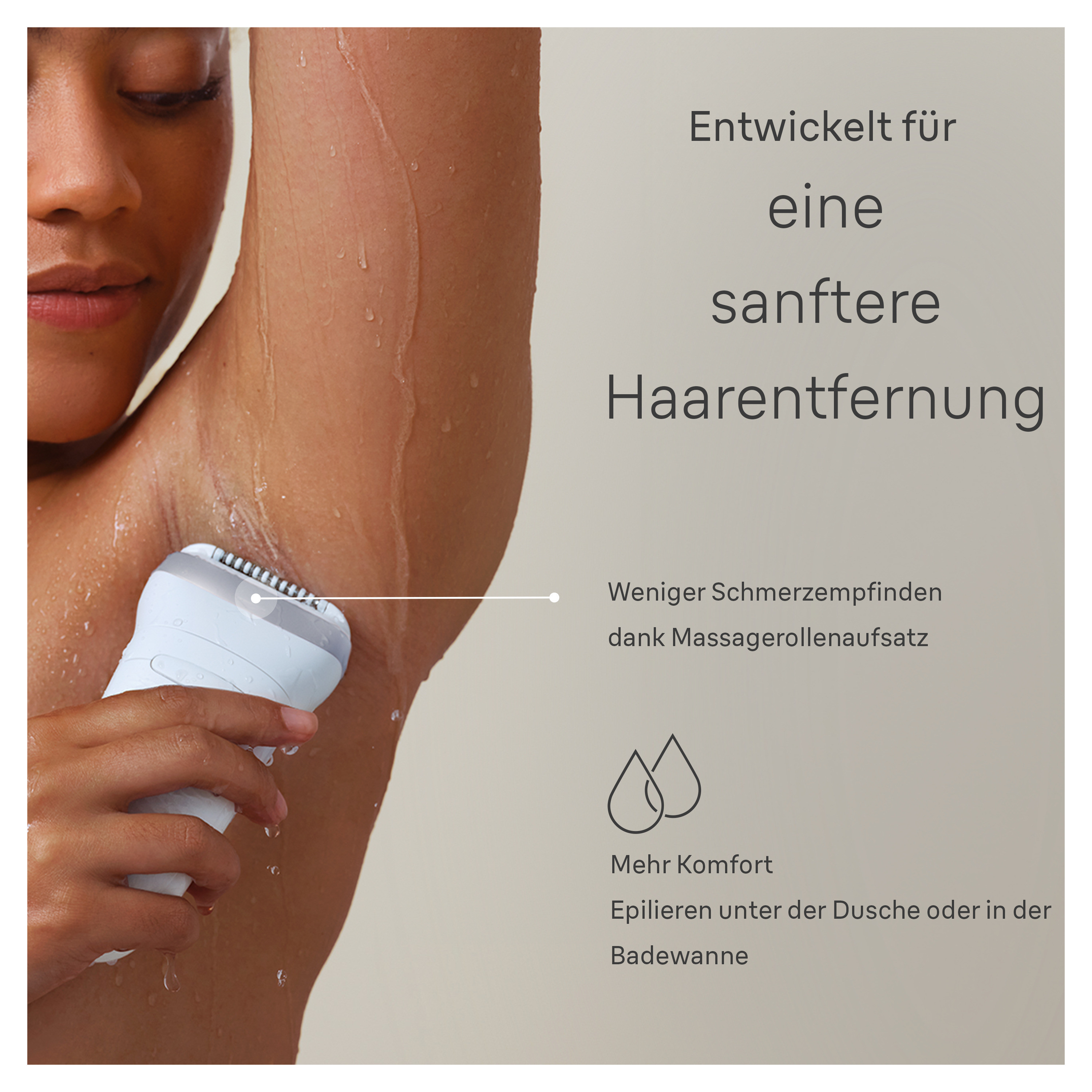 Eine Frau rasiert ihre Achselhöhle mit einem elektrischen Rasierer. Text: Haarentfernung.