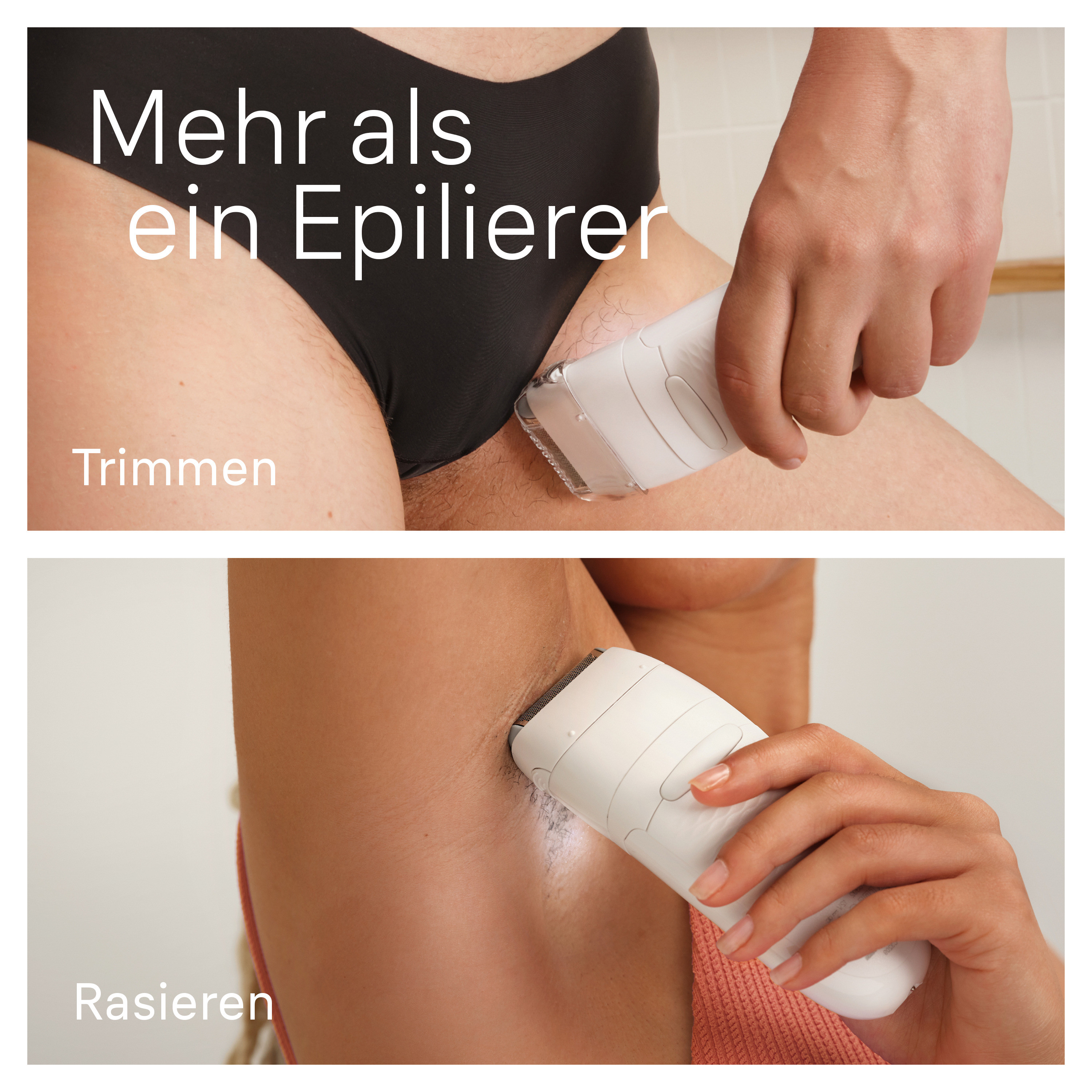 Zwei Bilder, die Haarentfernung mit einem Epilierer zeigen. Trimmen und Rasieren werden gezeigt.