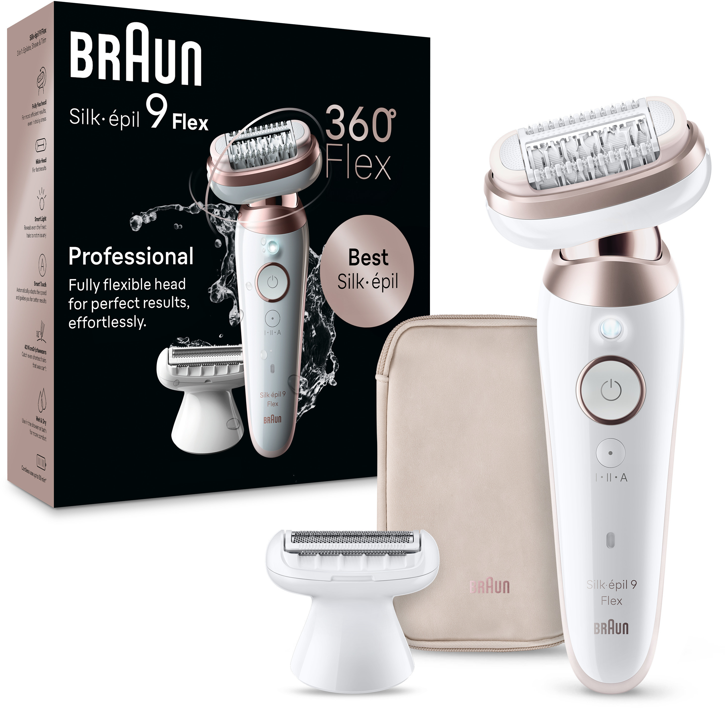 Braun Silk-épil 9 Flex Epilierer mit Zubehör: Beutel, Trimmer und Epilierkopf.