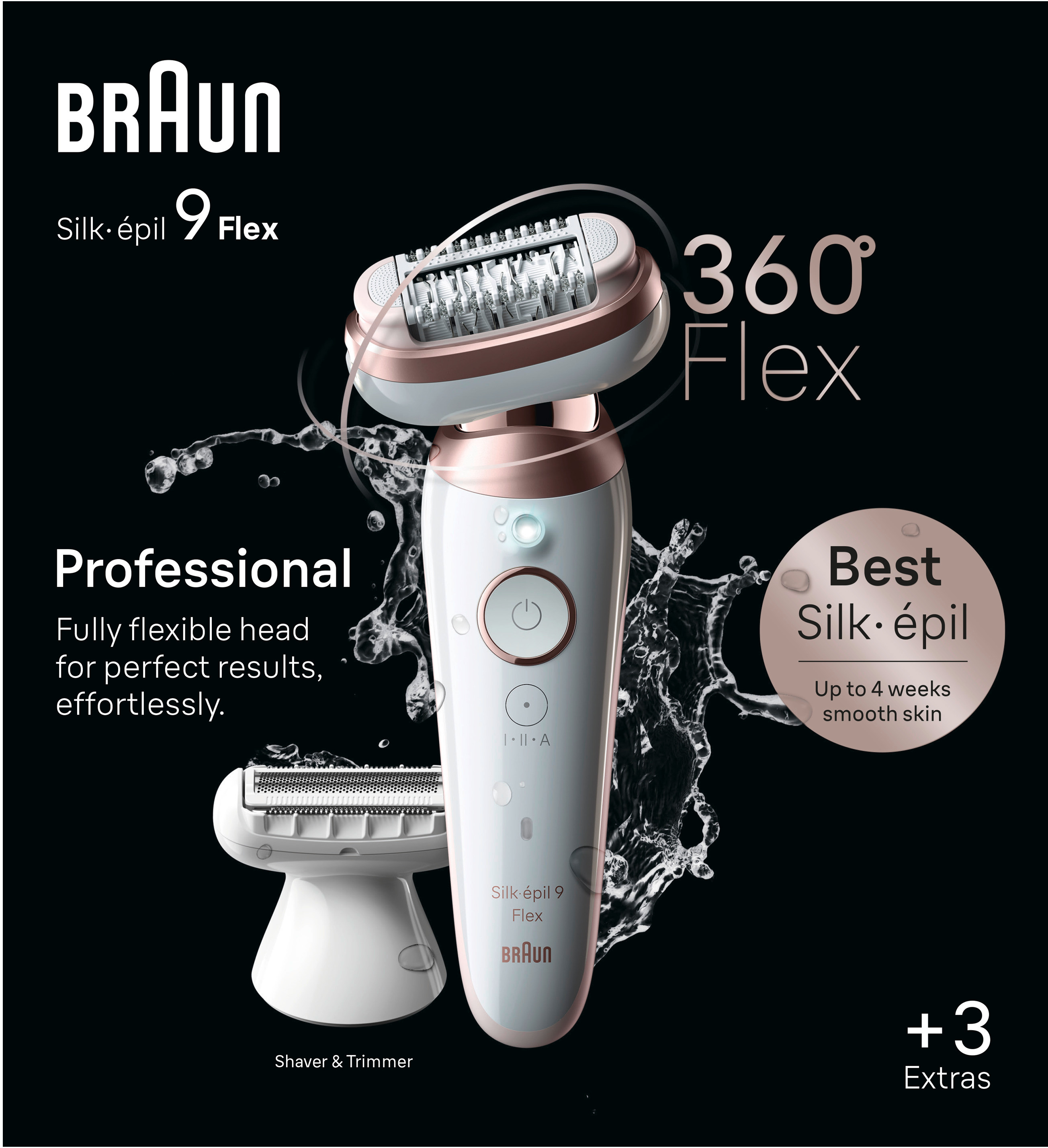 Weißer Braun Silk-épil 9 Flex mit Aufsätzen, vor schwarzem Hintergrund.