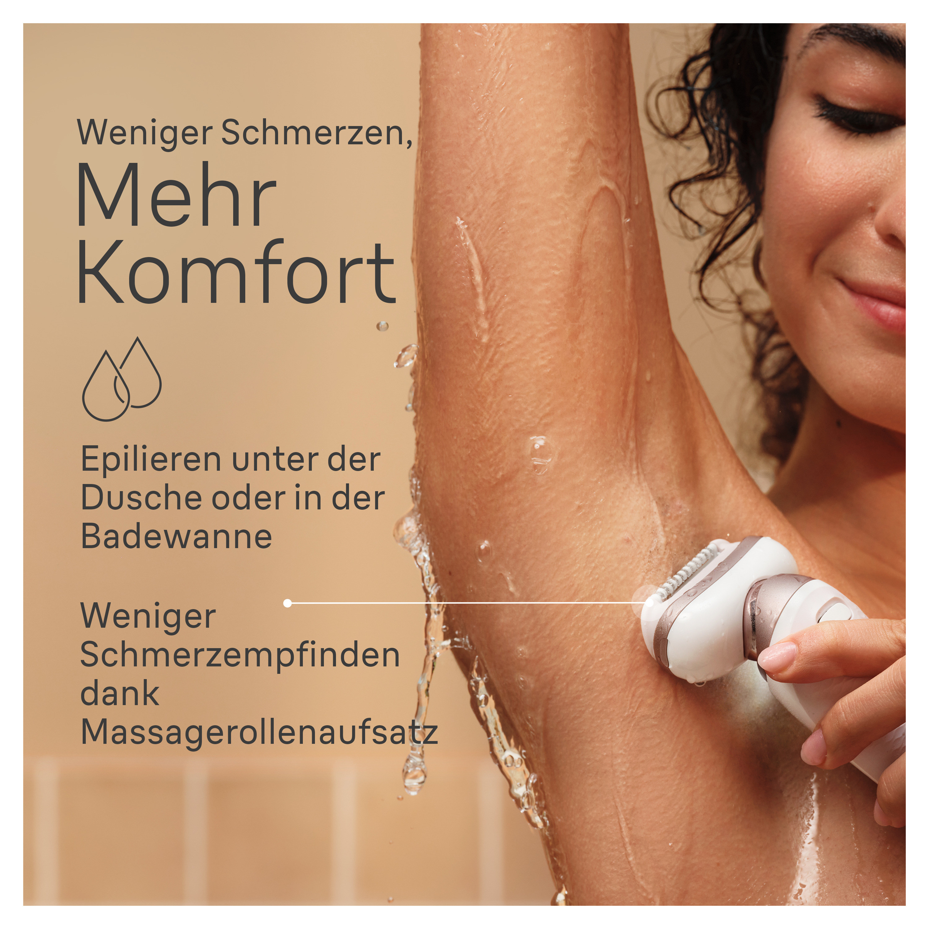 Eine Frau benutzt einen Epilierer unter den Achseln. Text in deutscher Sprache beschreibt Vorteile der Epilation.