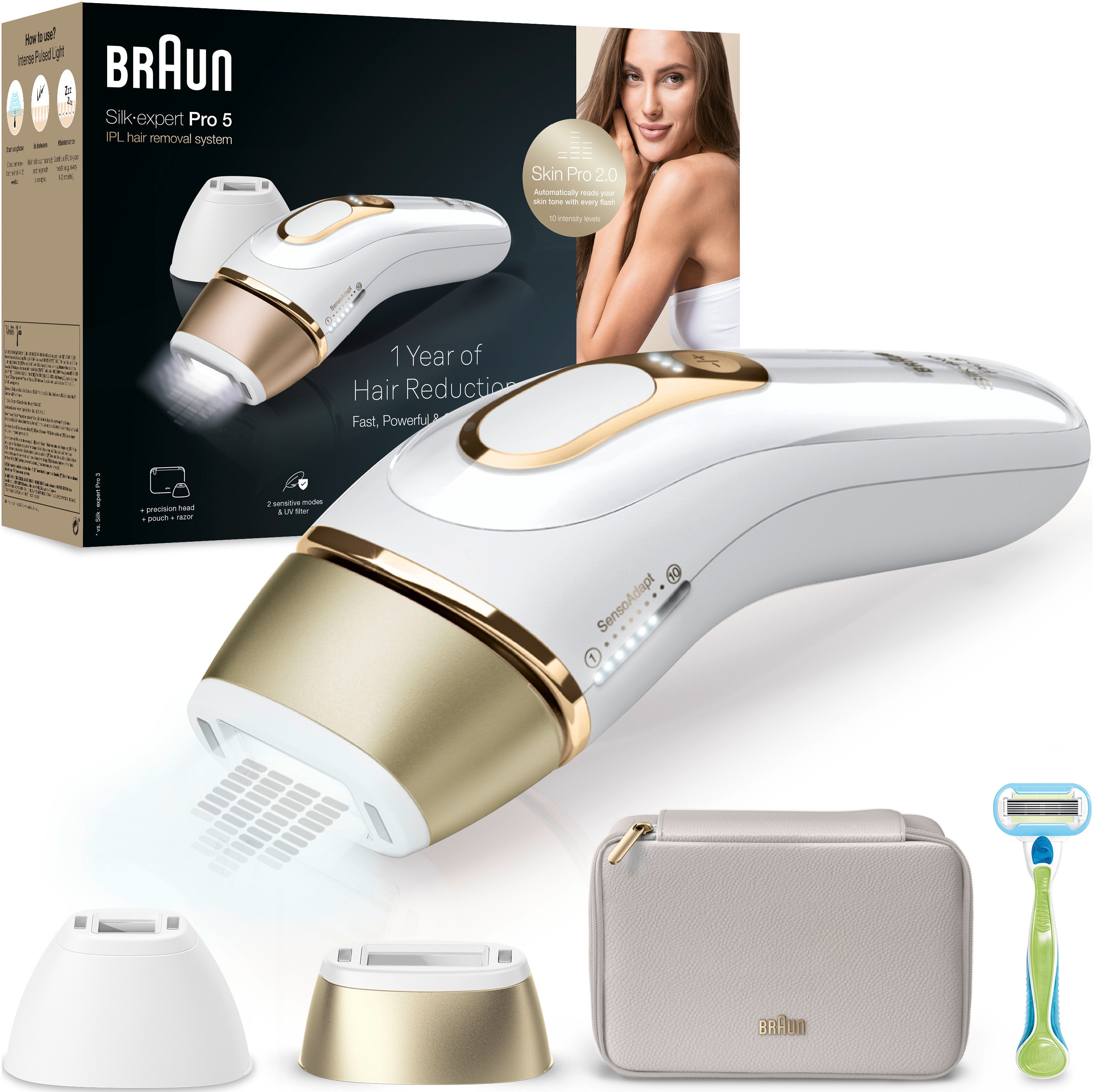 Braun Silk-expert Pro 5 IPL Haarentfernungssystem mit Zubehör, einschließlich Rasierer und Beutel.