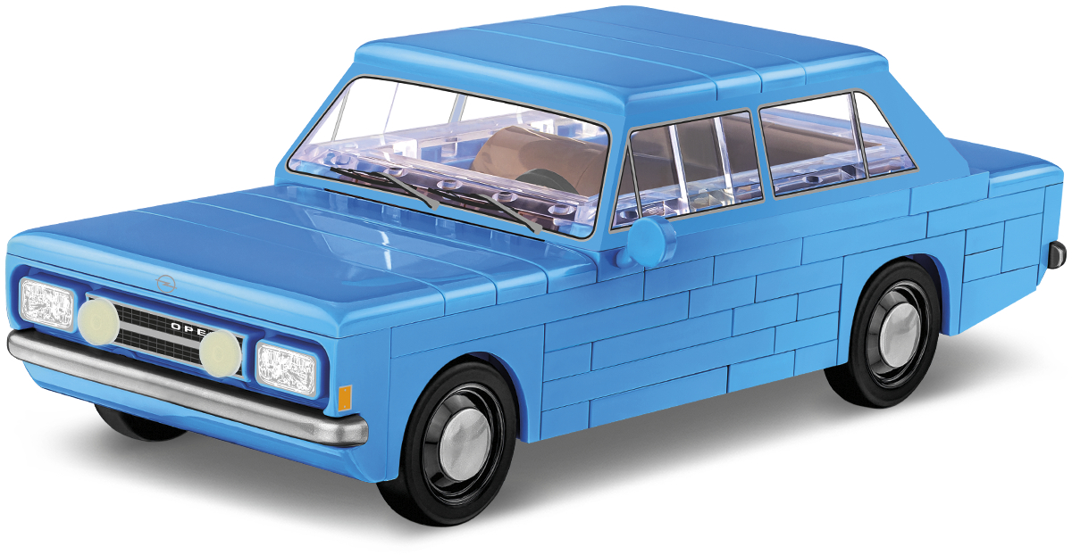 Blaues Spielzeugauto aus Blöcken mit braunem Innenraum.