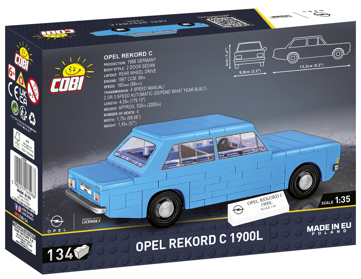 Blaues Spielzeugauto-Modell im LEGO-Stil, mit Box. Auto: 'OPEL REKORD C'.