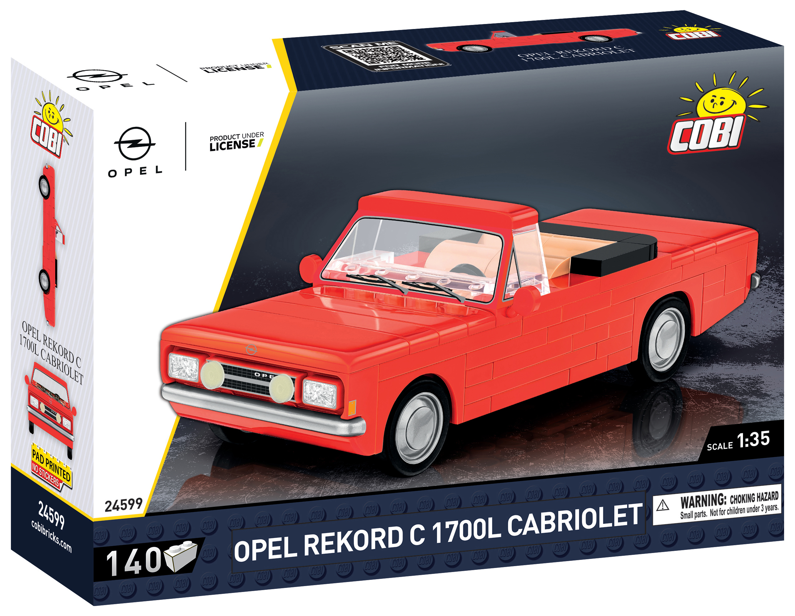 COBI Opel Rekord C 1700L Cabriolet Box. Ein rotes Spielzeugauto ist sichtbar. Die Box zeigt das Auto und Details.