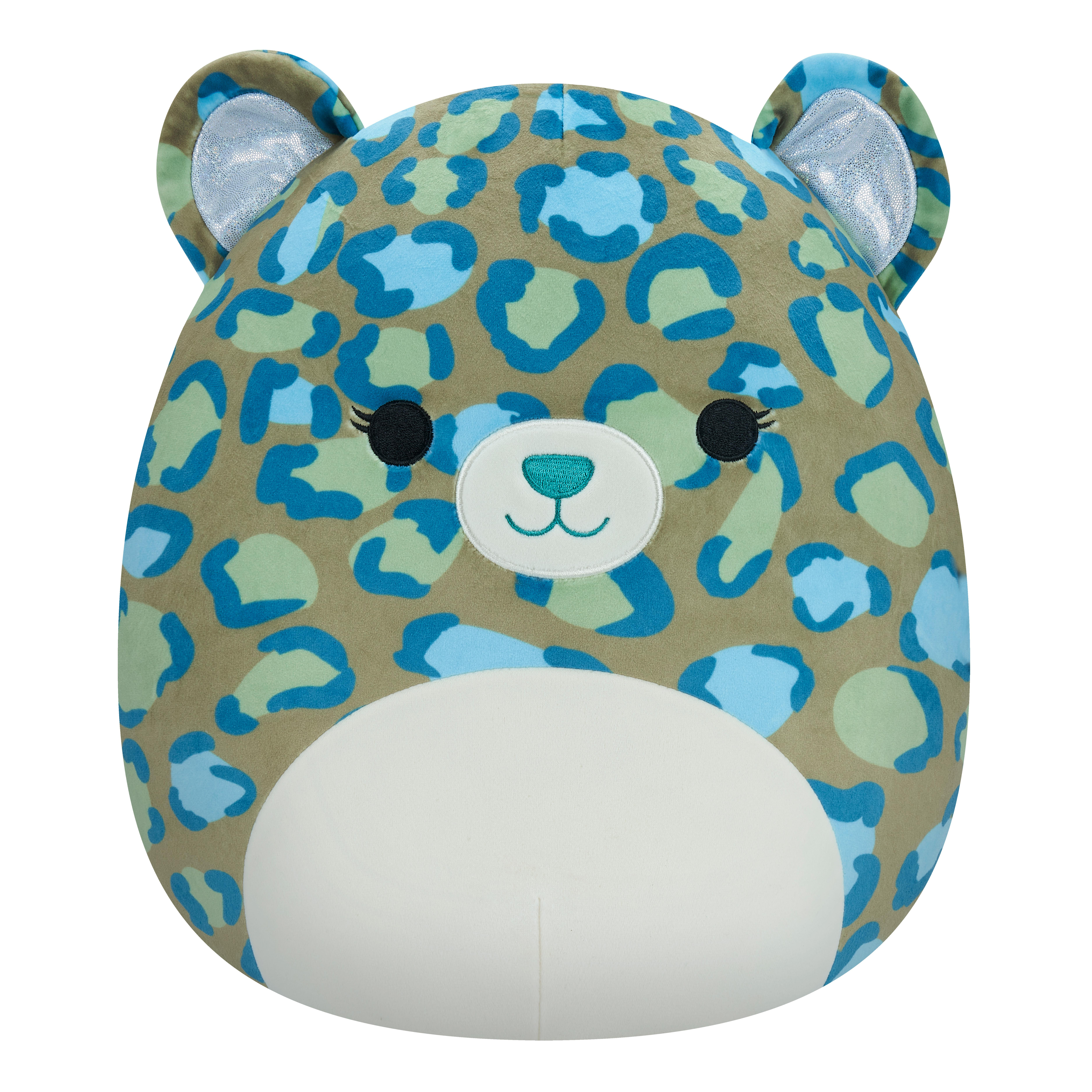 Squishmallow-Plüschtier eines Leoparden mit blauen und grünen Flecken und silbernen Ohren.