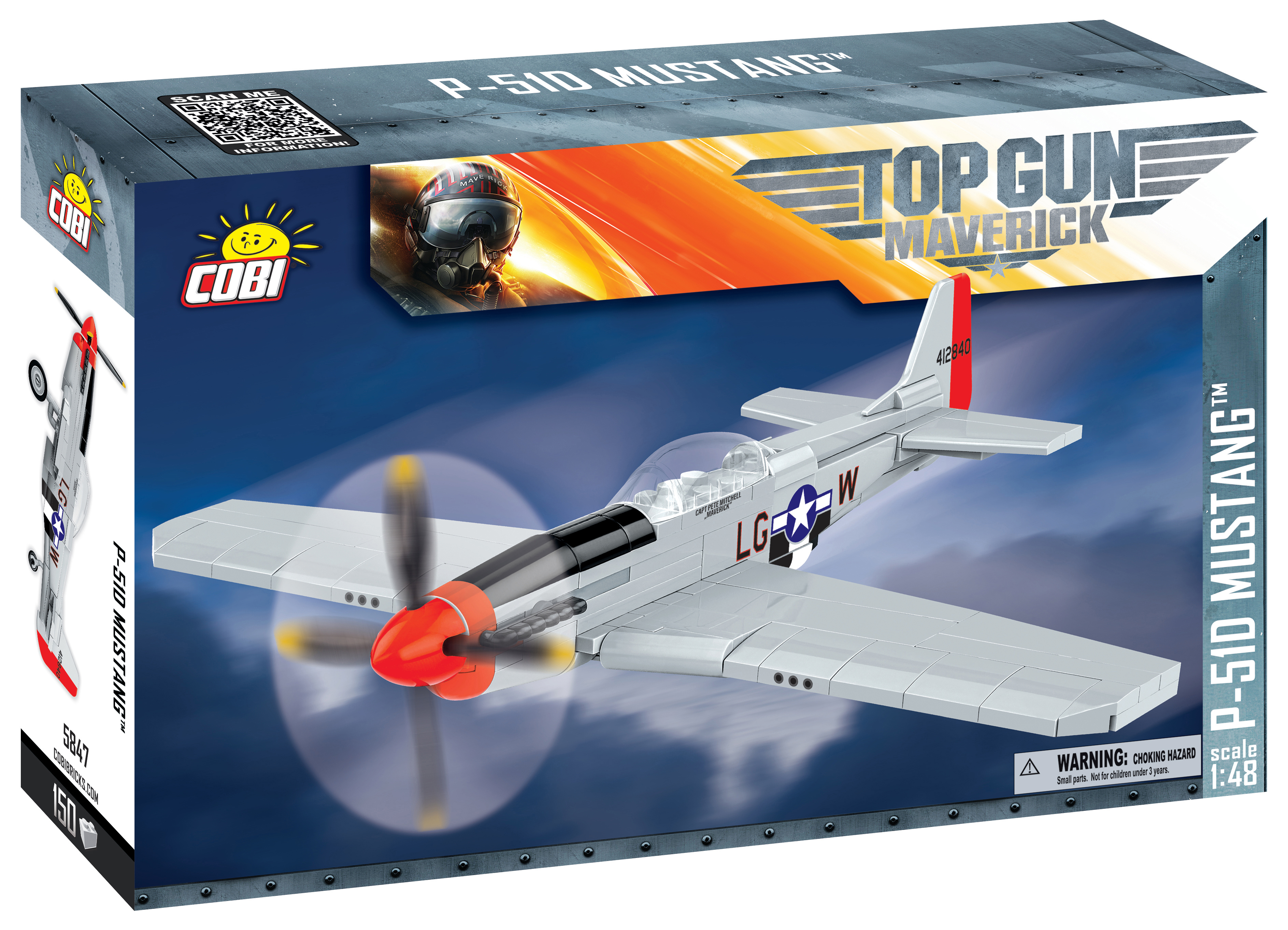 Verpacktes Modell eines P-51D Mustang Flugzeugs, mit Text und Bildern.