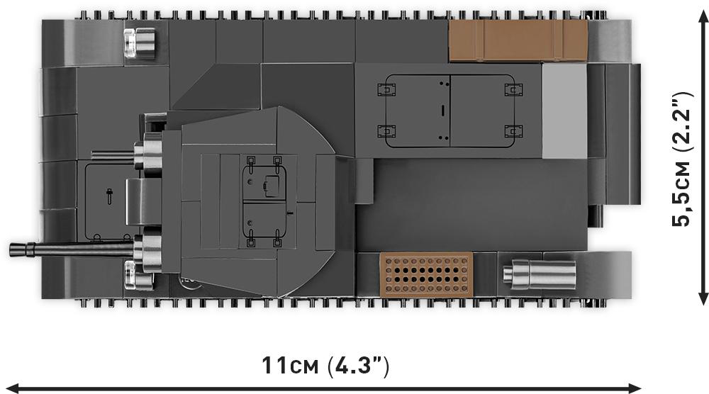 Ein Lego-Panzer von oben, mit Maßangaben. Der Panzer ist dunkelgrau und braun.