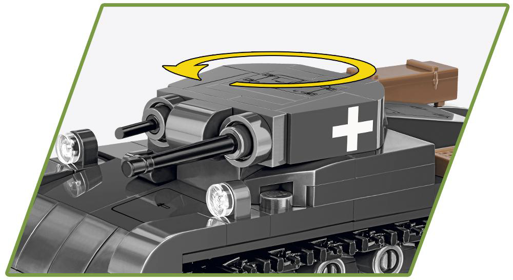 Ein schwarzer Spielzeugpanzer mit drehbarem Turm, weißem Kreuz und brauner Kiste.