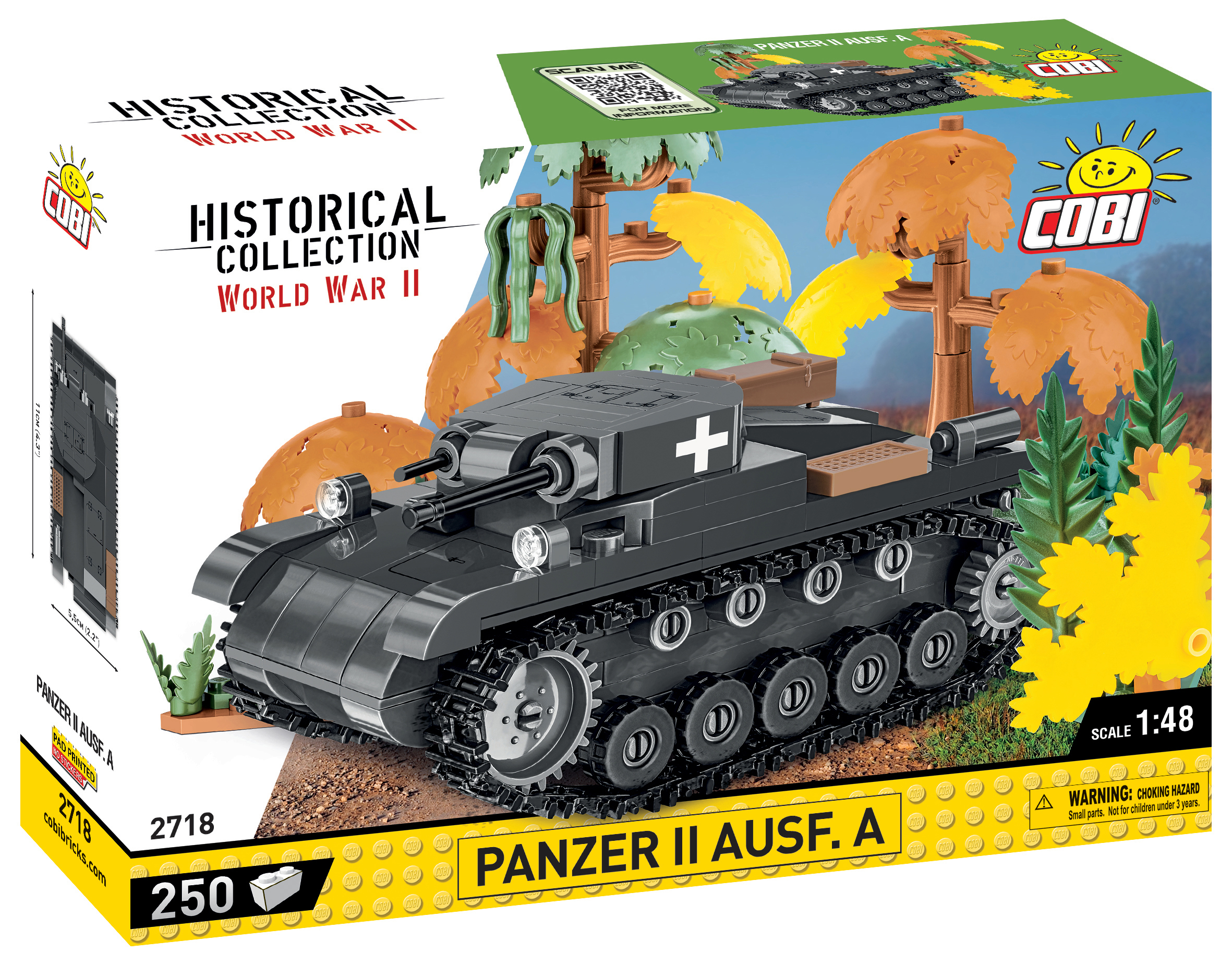 Modellpanzerspielzeug mit schwarzen und braunen Details, vor dem Hintergrund von Bäumen.
