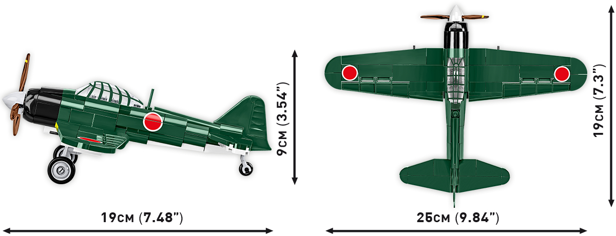 Ein Lego-Flugzeugmodell aus zwei Winkeln. Es ist grün mit roten Kreisen auf den Flügeln. Maße sind angegeben.