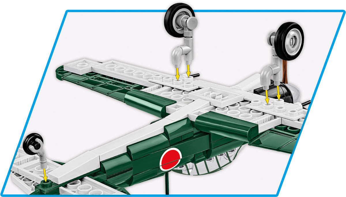 Nahaufnahme der Flügelbaugruppe eines Lego-Flugzeugs. Grüne und weiße Blöcke werden zusammengebaut.