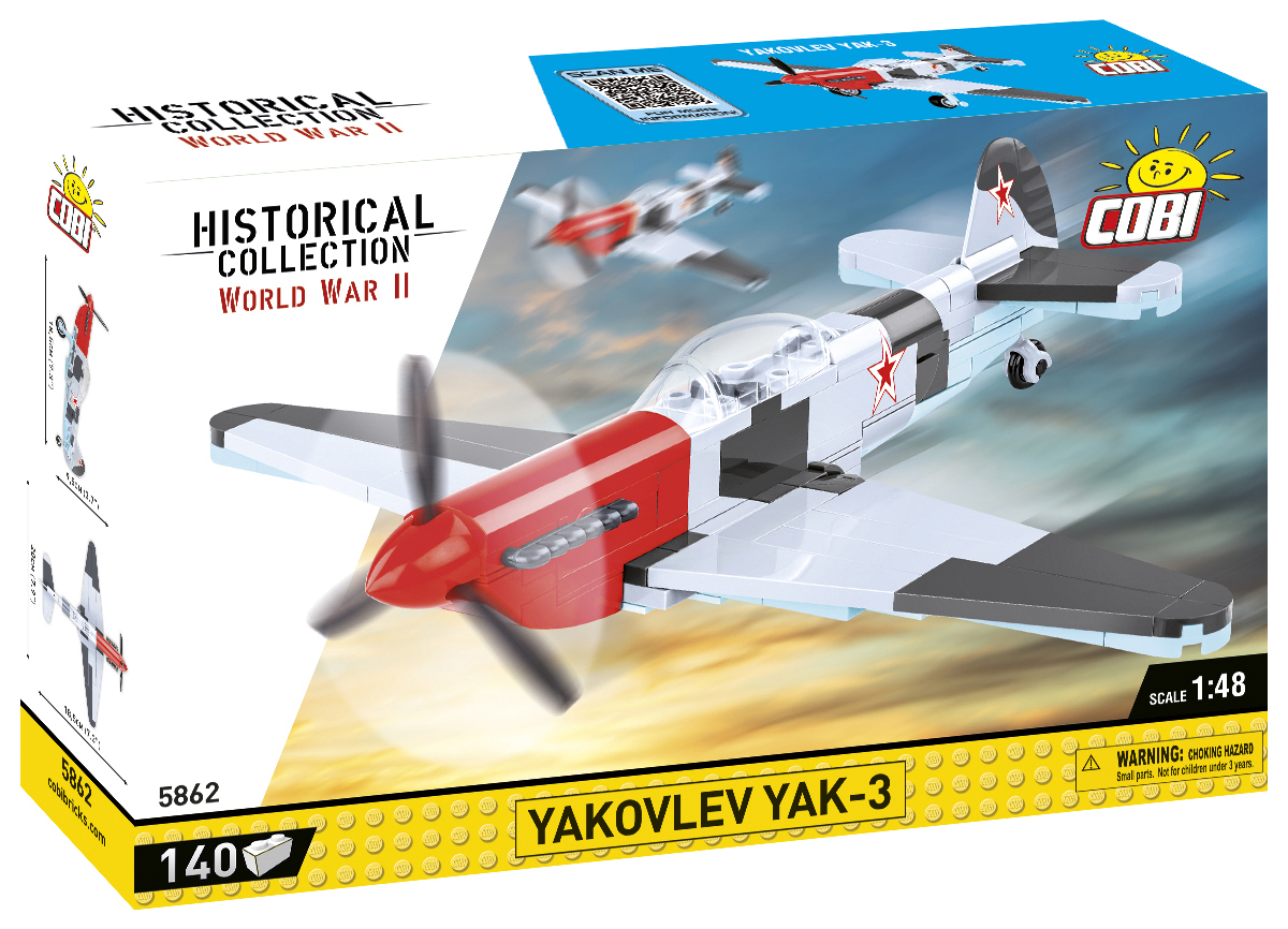 Ein Cobi Yak-3 Flugzeugmodell in einer Box. Die Box zeigt das Flugzeug und das historische Sammlungslogo.