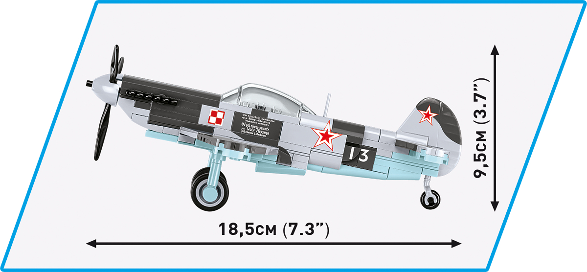 Spielzeugflugzeug mit rotem Stern, hellblau und grau, mit Maßen.