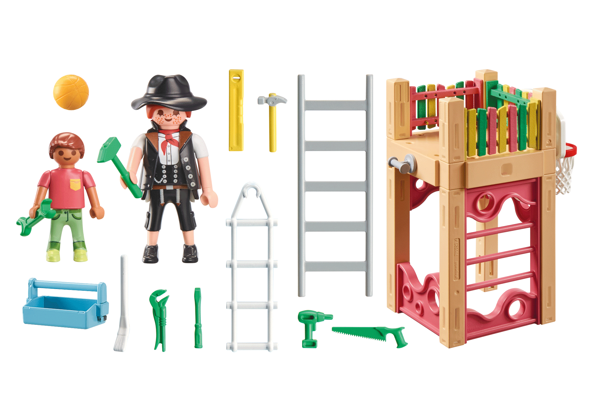 Playmobil-Set mit Figuren, Basketballkorb und Werkzeugen.
